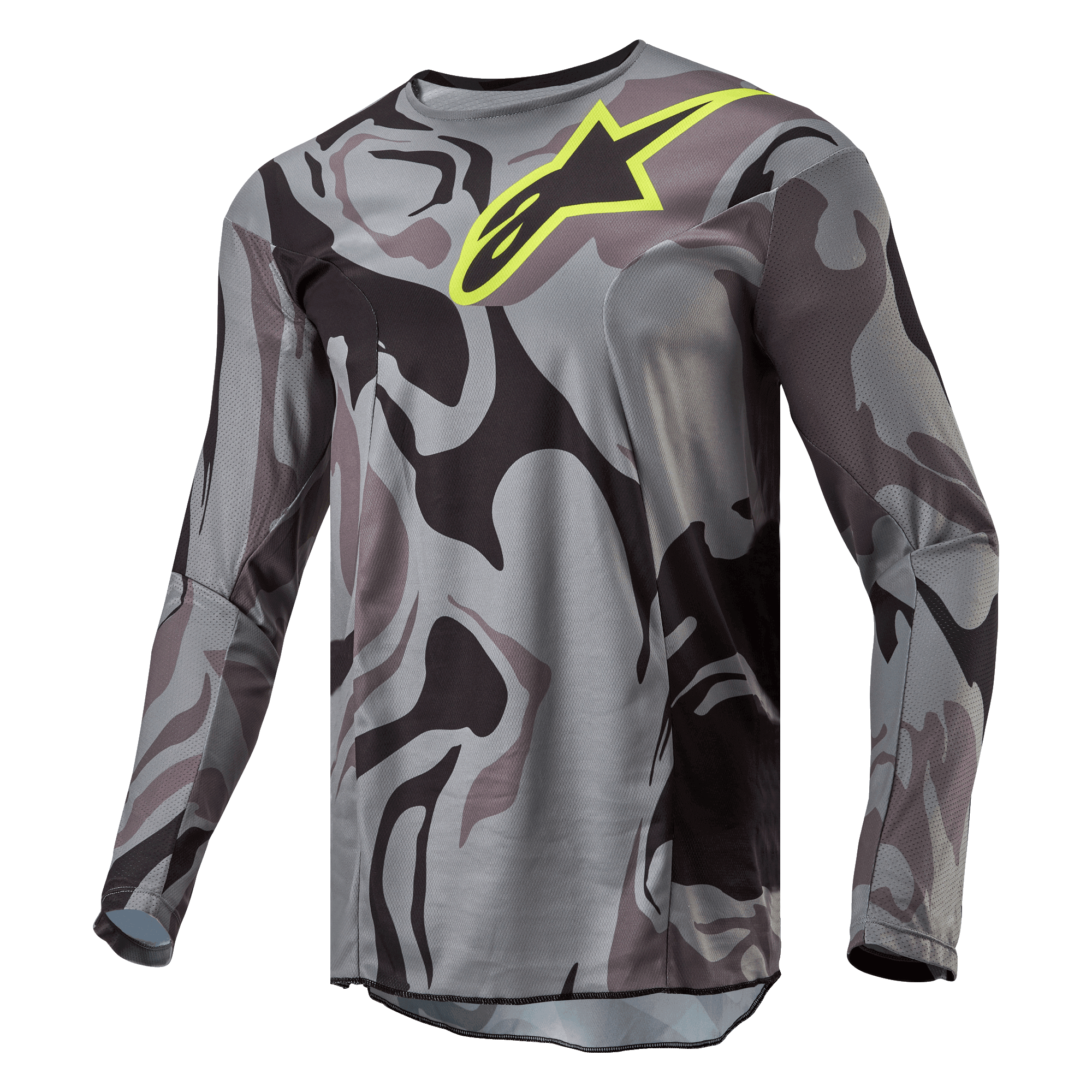 Alpinestars 2024 Racer Tactical Jersey, motocross-trøje, Cast Gray Camo Magnet, gråt og sort camouflage-mønster med et stærkt gult Alpinestars-logo på brystet, lange ærmer, performance køreudstyr til terrænkørsel