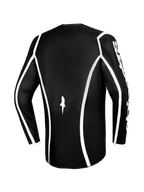 Alpinestars 2026 Fluid Apex trøje, motocross-trøje, sort med hvide buede linjer, set bagfra med ergonomisk snit og lille hvidt logo, langærmet performance-trøje til terrænkørsel