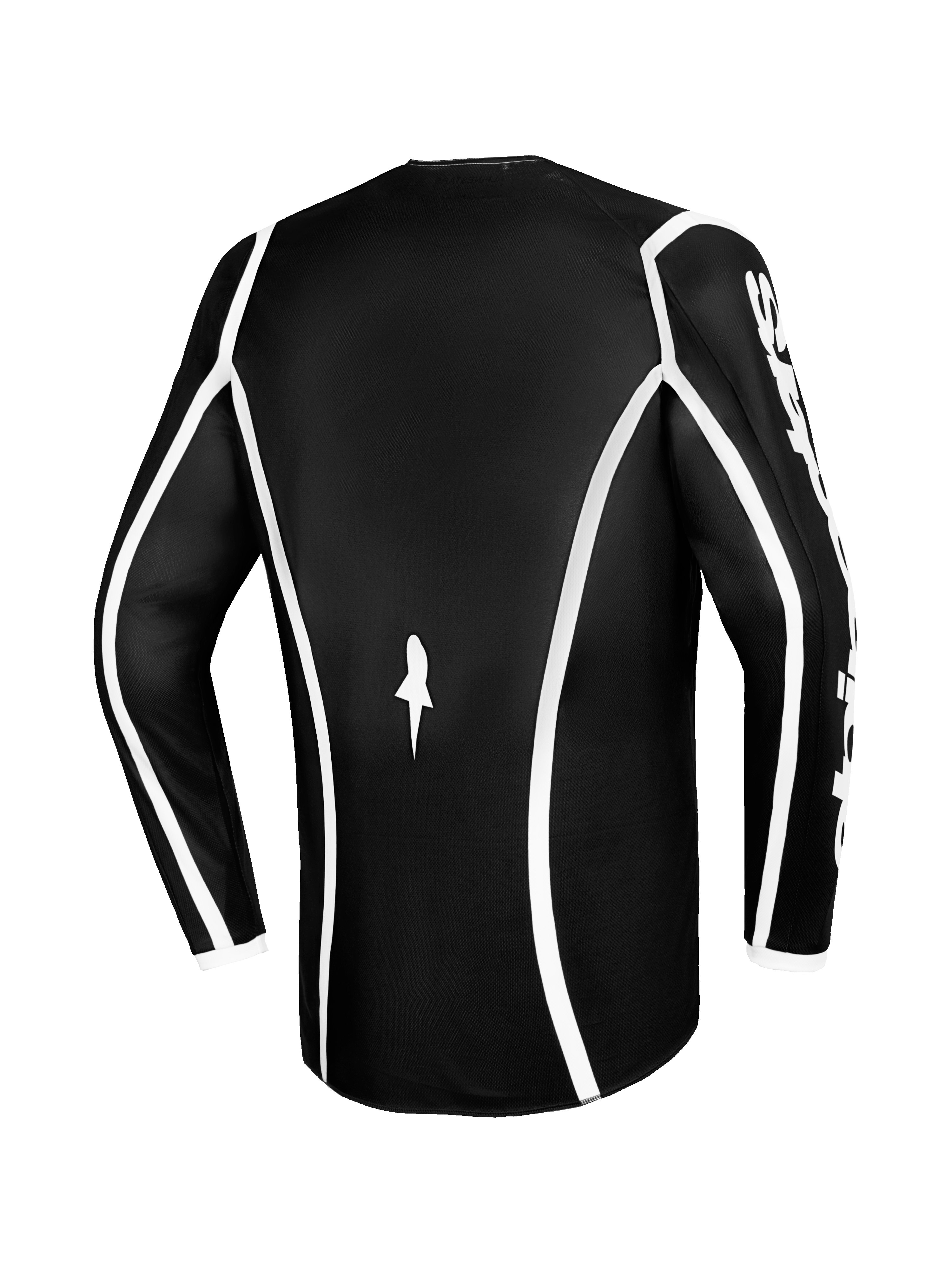 Alpinestars 2026 Fluid Apex trøje, motocross-trøje, sort med hvide buede linjer, set bagfra med ergonomisk snit og lille hvidt logo, langærmet performance-trøje til terrænkørsel