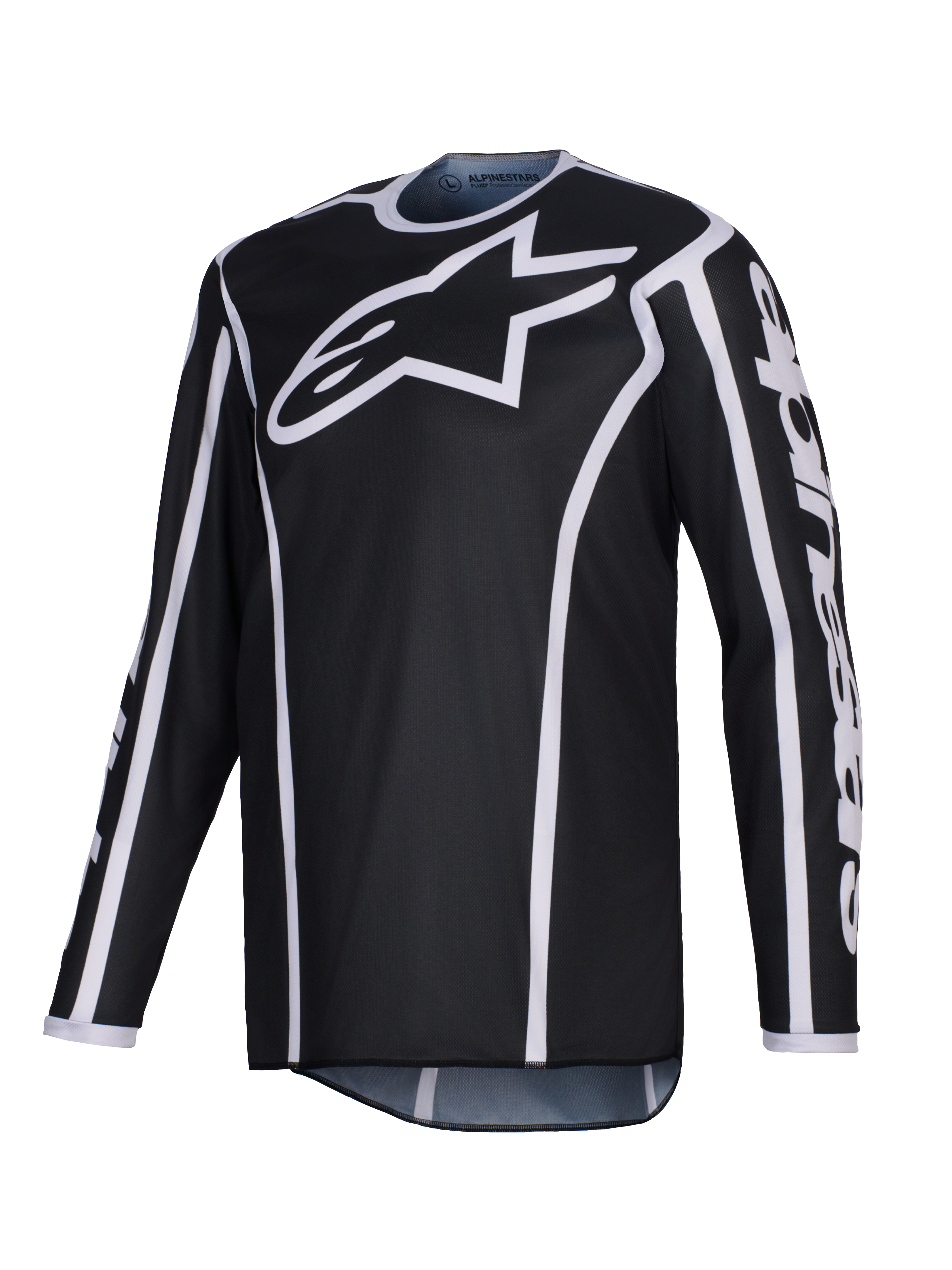 Alpinestars 2026 Fluid Apex trøje, motocross-trøje, sort med hvide detaljer, stort hvidt logo på brystet, hvide kanter langs sømmene, langærmet performance-polyfabric til off-road-kørsel