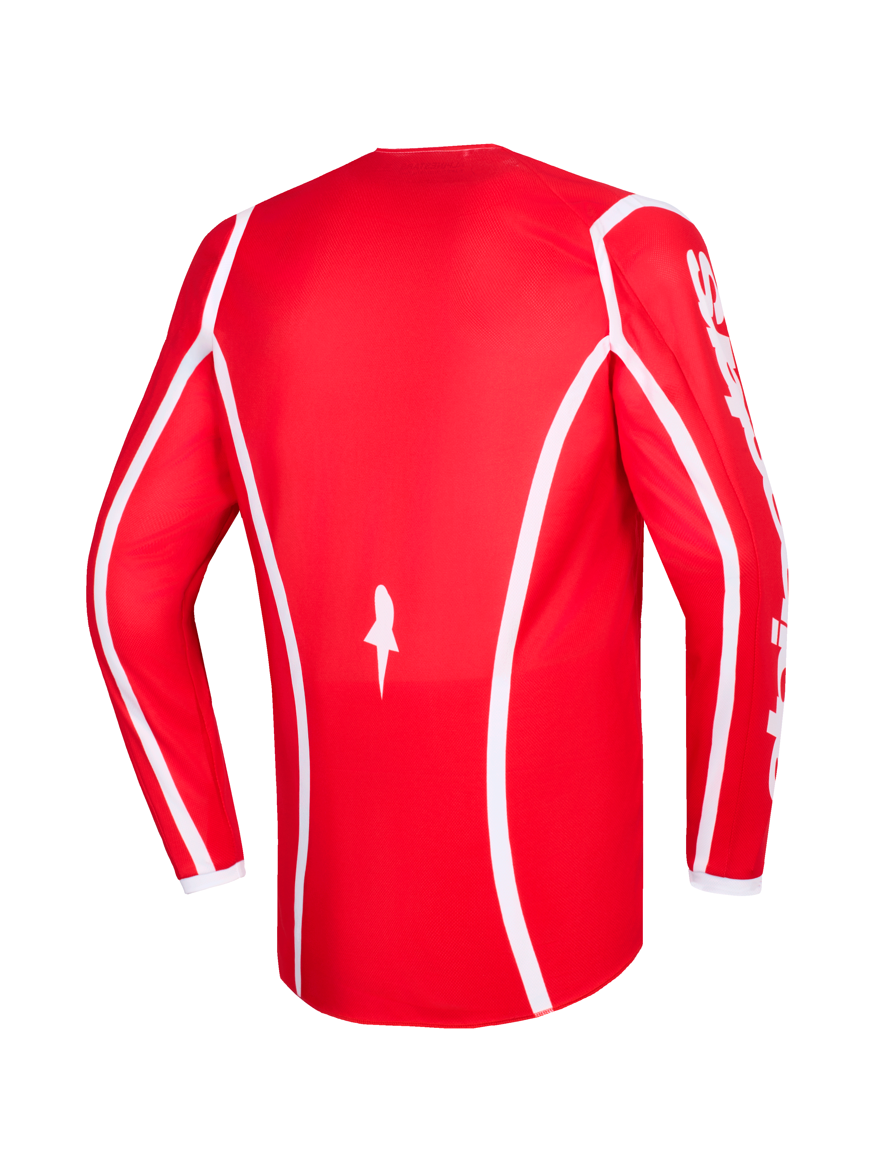 Alpinestars 2026 Fluid Apex trøje, rød og hvid, set bagfra, langærmet motocross-trøje med hvide buede accentlinjer, stjernelogo forneden og hvid Alpinestars-tekst på ærmerne, designet til terrænkørsel