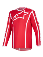 Alpinestars 2026 Fluid Apex trøje, motocross-trøje, rød og hvid, med et stort hvidt A-star logo på brystet, hvid sportskrave, lodrette linjer og forlænget rygstykke til off-road performance