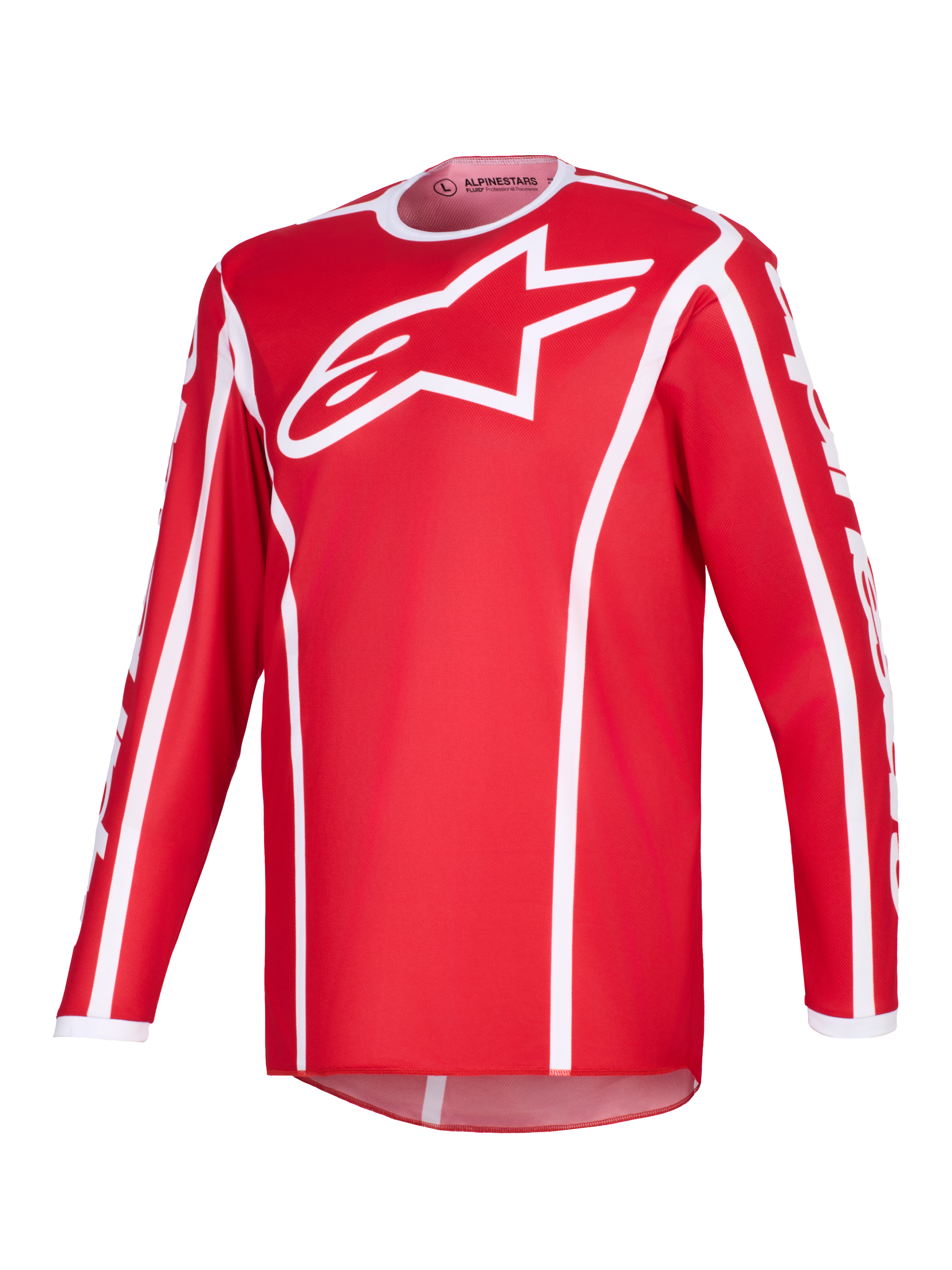 Alpinestars 2026 Fluid Apex trøje, motocross-trøje, rød og hvid, med et stort hvidt A-star logo på brystet, hvid sportskrave, lodrette linjer og forlænget rygstykke til off-road performance