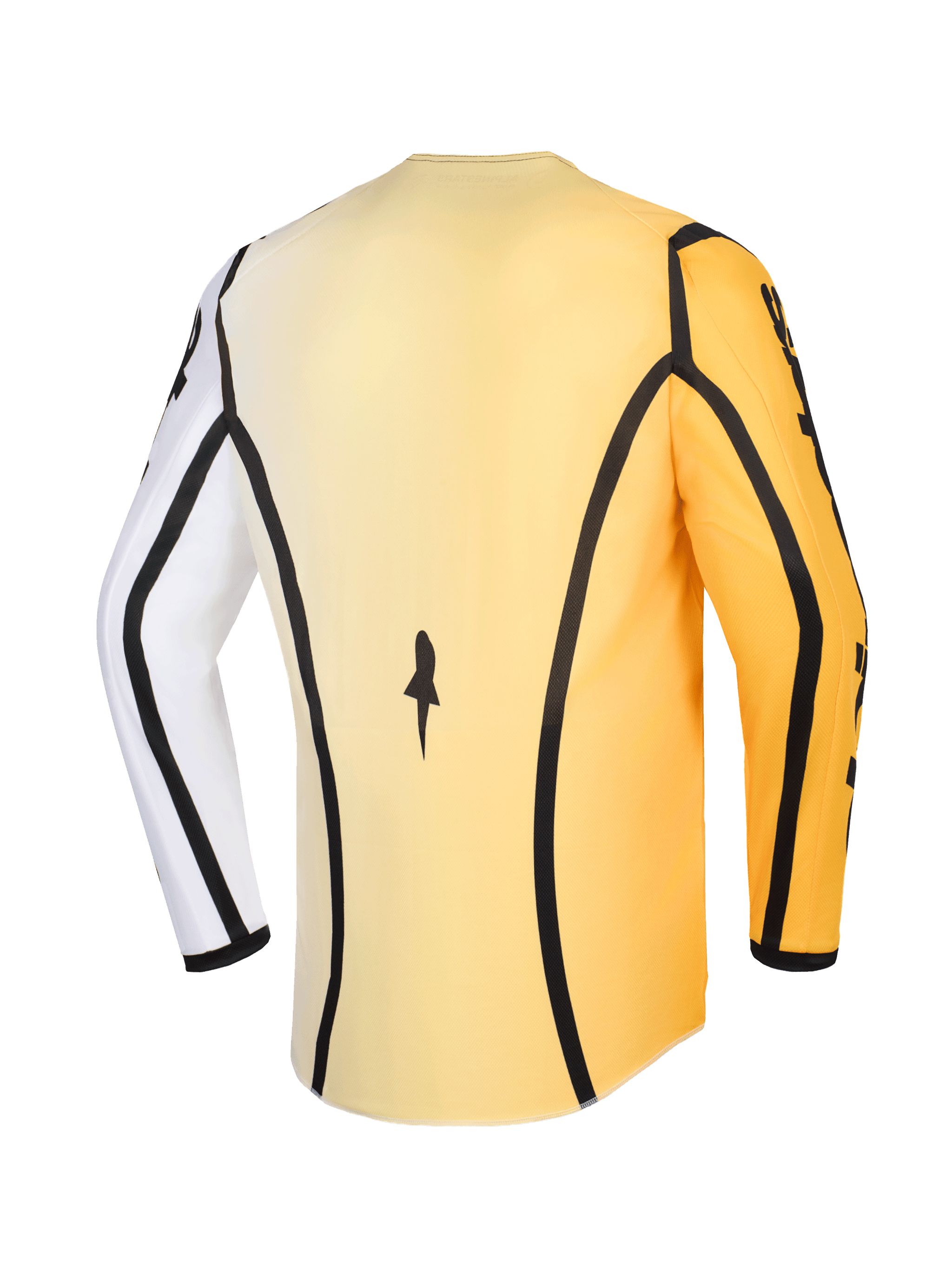 Alpinestars 2026 Fluid Apex trøje, motocross-trøje, gul, hvid og sort, set bagfra med sorte piping-detaljer, et hvidt ærme og et gult ærme, med forlænget ryg for dækning til terrænkørsel