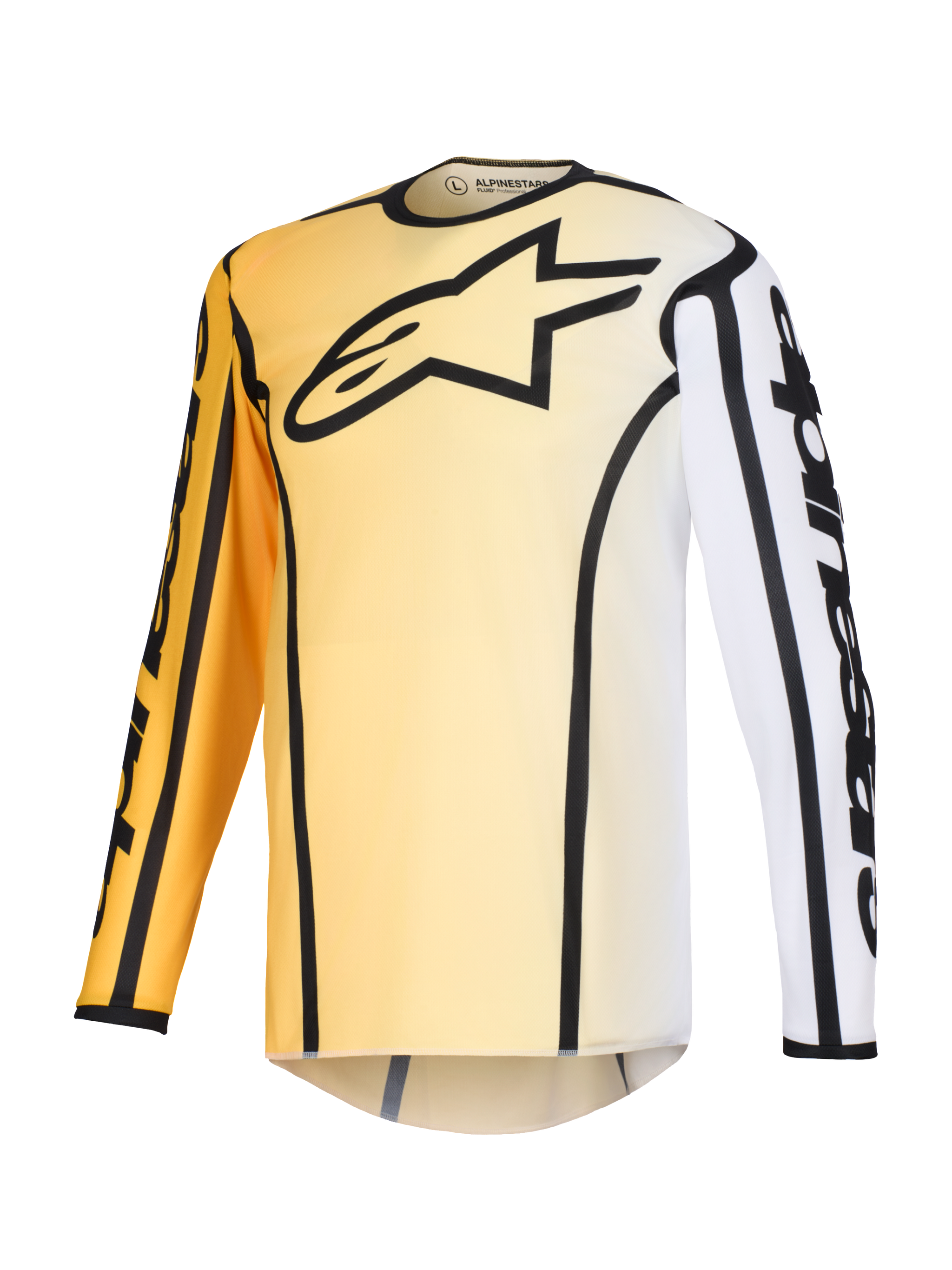Alpinestars 2026 Fluid Apex trøje, motocross-trøje, gul og hvid gradient med sorte detaljer, stort sort stjernelogo på brystet, markante sorte konturer langs sømmene og Alpinestars-branding på ærmerne, langærmet teknisk trøje til off-road racing.