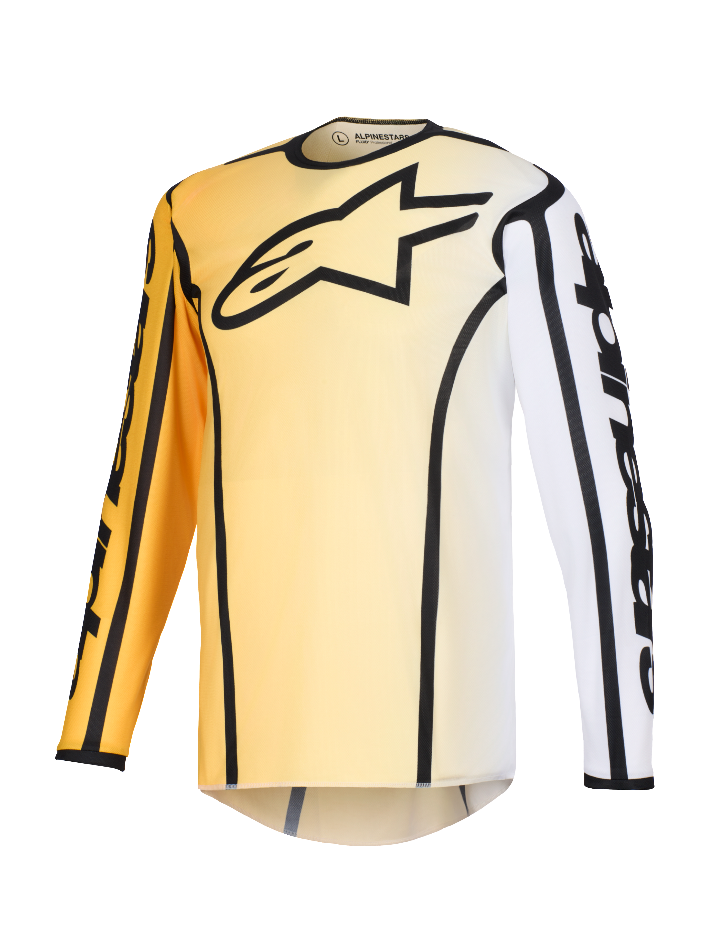 Alpinestars 2026 Fluid Apex trøje, motocross-trøje, gul og hvid gradient med sorte detaljer, stort sort stjernelogo på brystet, markante sorte konturer langs sømmene og Alpinestars-branding på ærmerne, langærmet teknisk trøje til off-road racing.