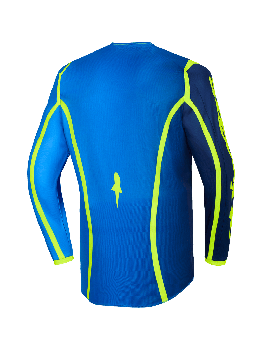 Alpinestars 2026 Fluid Apex trøje, motocross-trøje, blå og gul fluo, set bagfra med neongule grafiske linjer og forlænget ryg, letvægts og åndbart off-road udstyr