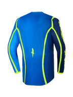 Alpinestars 2026 Fluid Apex trøje, motocross-trøje, blå og gul fluo, set bagfra med neongule grafiske linjer og forlænget ryg, letvægts og åndbart off-road udstyr
