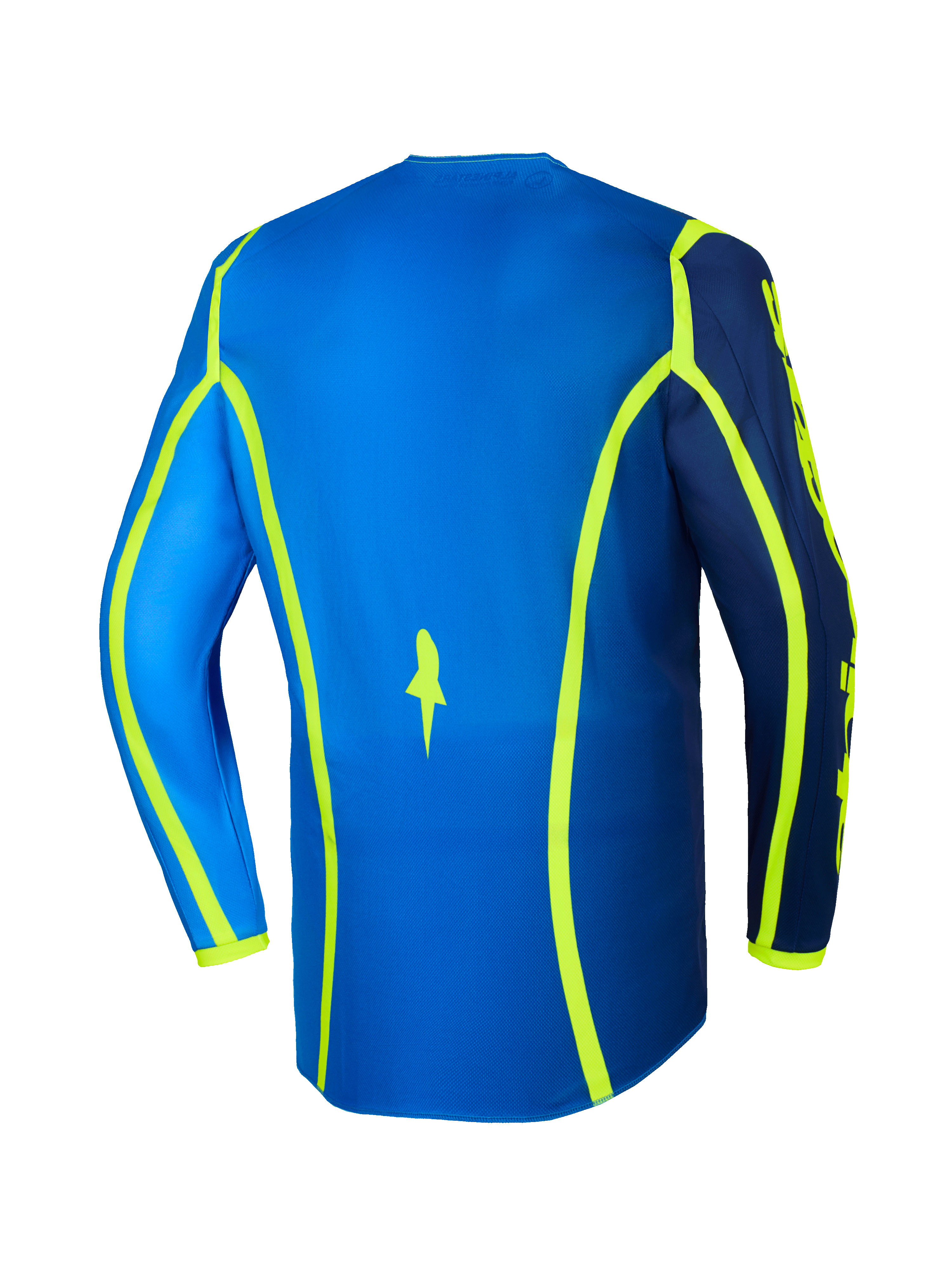 Alpinestars 2026 Fluid Apex trøje, motocross-trøje, blå og gul fluo, set bagfra med neongule grafiske linjer og forlænget ryg, letvægts og åndbart off-road udstyr