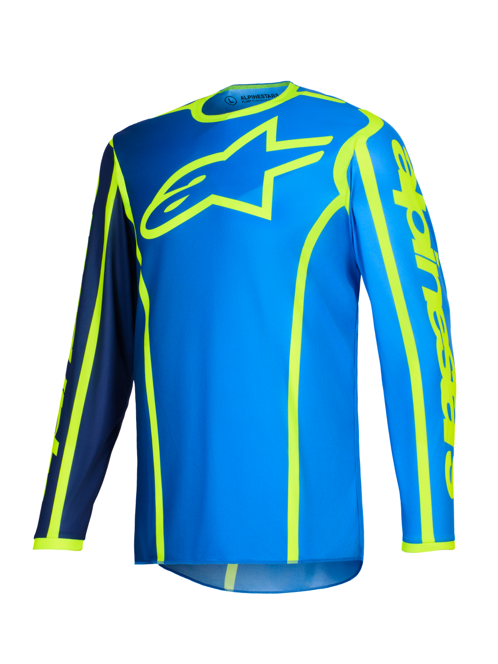 Alpinestars 2026 Fluid Apex trøje, motocross-trøje, blå og gul fluo, stort fluorescerende gult stjernelogo på brystet, lange ærmer med mørkeblå og lyseblå sektioner, lodret branding på armen, sportsligt off-road udstyr
