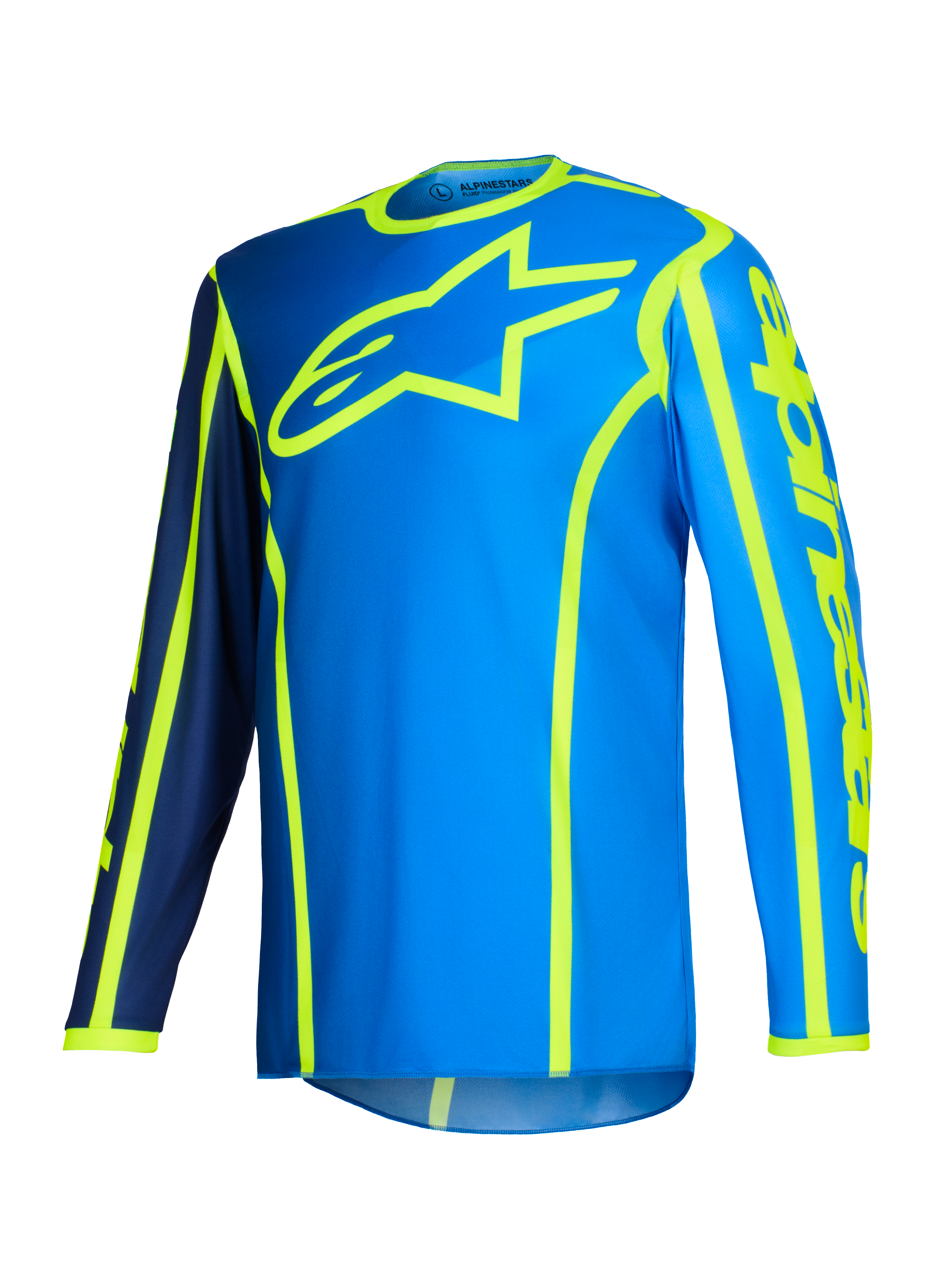 Alpinestars 2026 Fluid Apex trøje, motocross-trøje, blå og gul fluo, stort fluorescerende gult stjernelogo på brystet, lange ærmer med mørkeblå og lyseblå sektioner, lodret branding på armen, sportsligt off-road udstyr