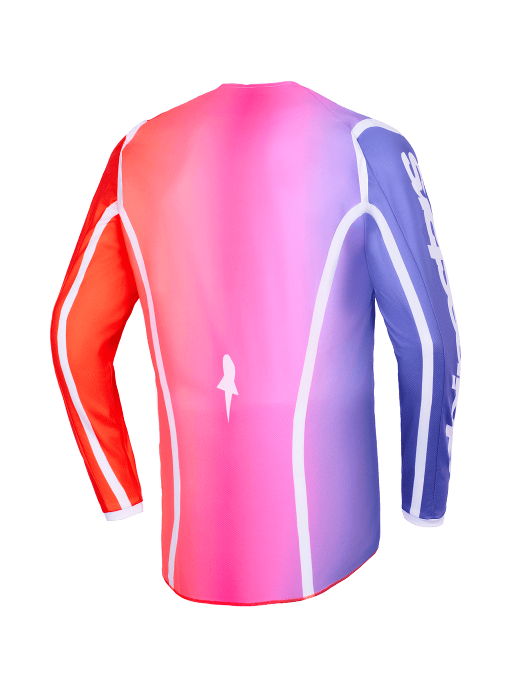 Alpinestars 2026 Fluid Apex Jersey, set bagfra, flerfarvet pink, lilla og orange gradient, med hvide buede kanter og et forlænget bagstykke, professionelt motocross- og off-road-tøj