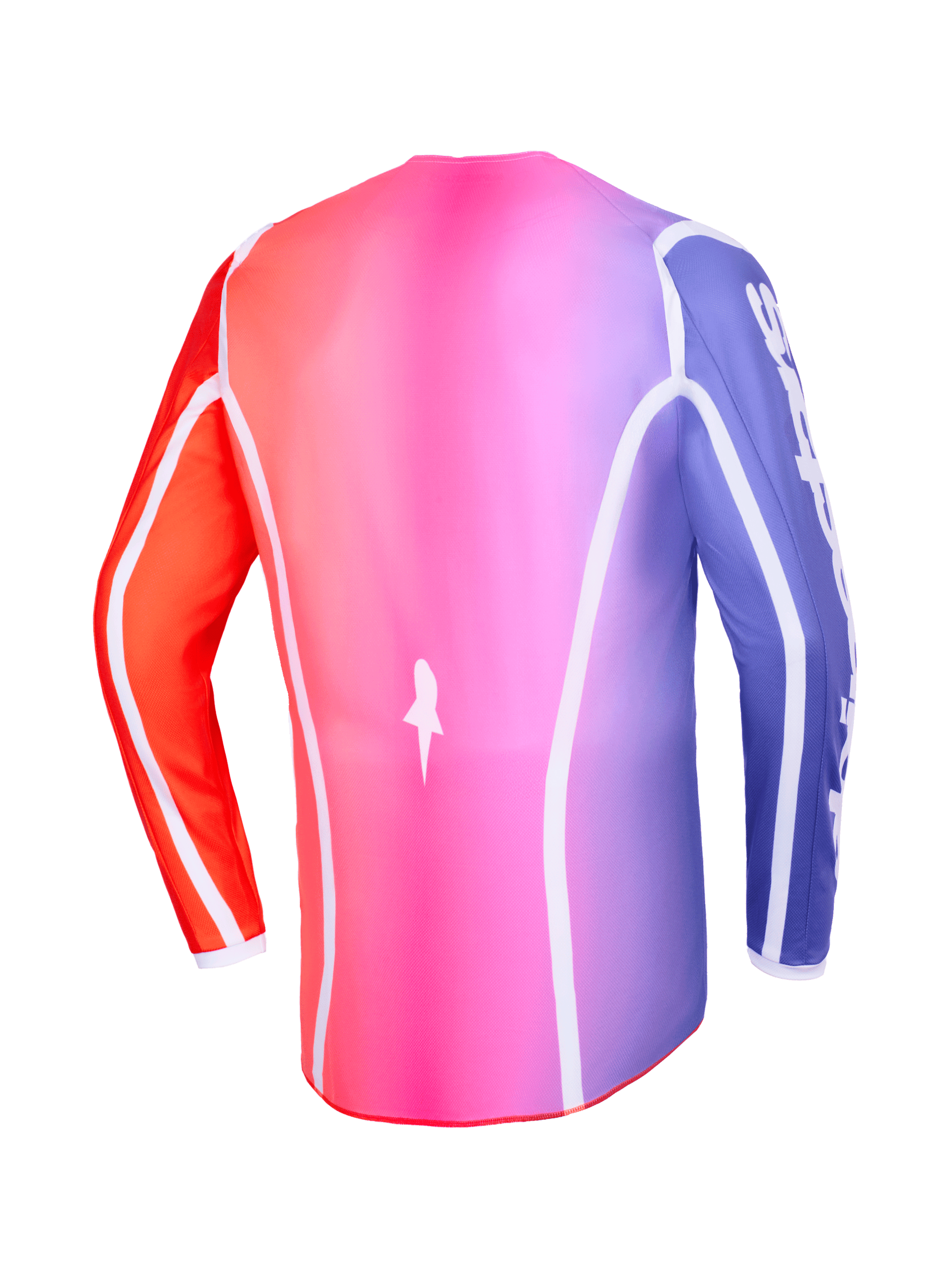 Alpinestars 2026 Fluid Apex Jersey, set bagfra, flerfarvet pink, lilla og orange gradient, med hvide buede kanter og et forlænget bagstykke, professionelt motocross- og off-road-tøj