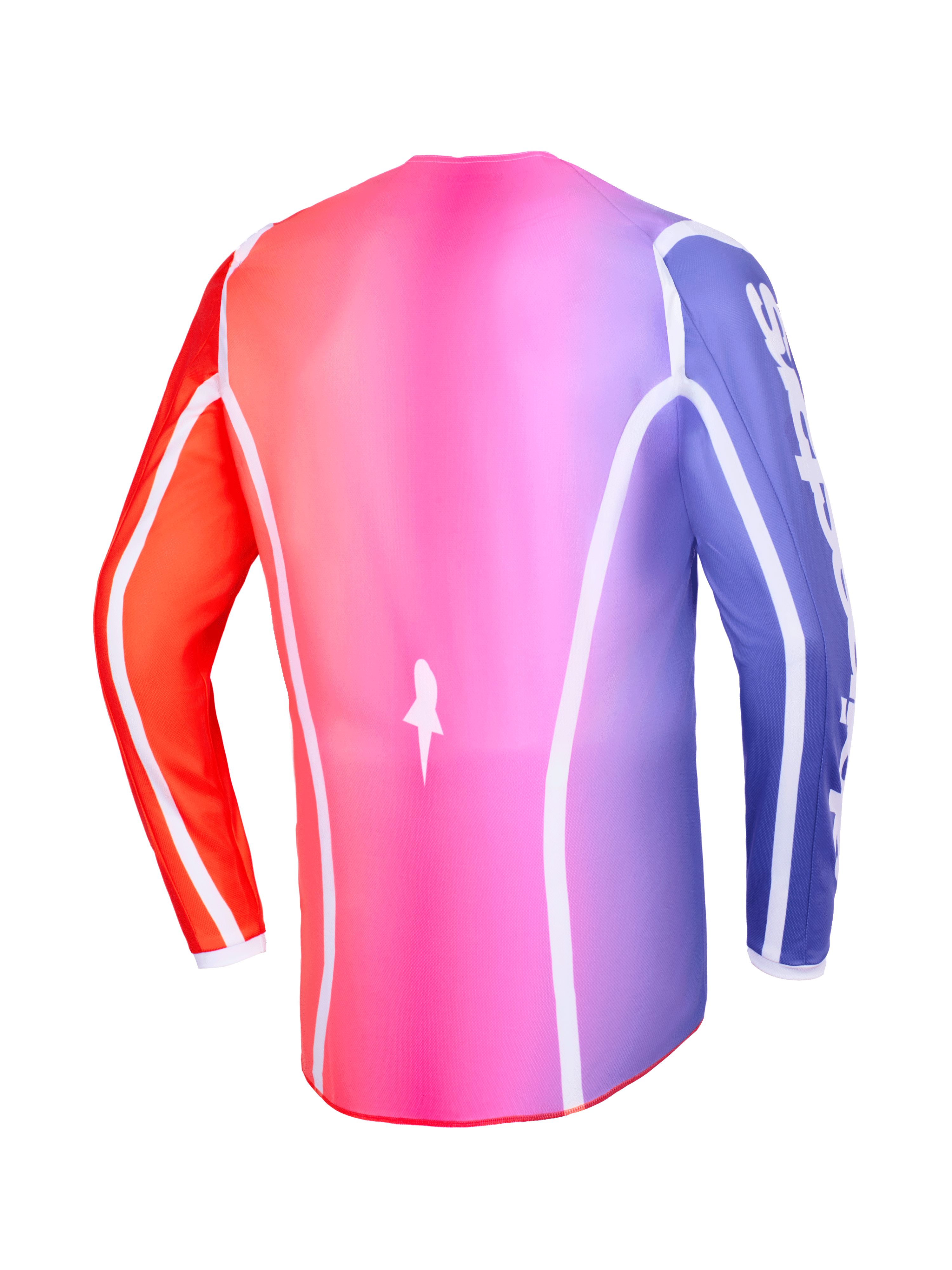 Alpinestars 2026 Fluid Apex Jersey, set bagfra, flerfarvet pink, lilla og orange gradient, med hvide buede kanter og et forlænget bagstykke, professionelt motocross- og off-road-tøj