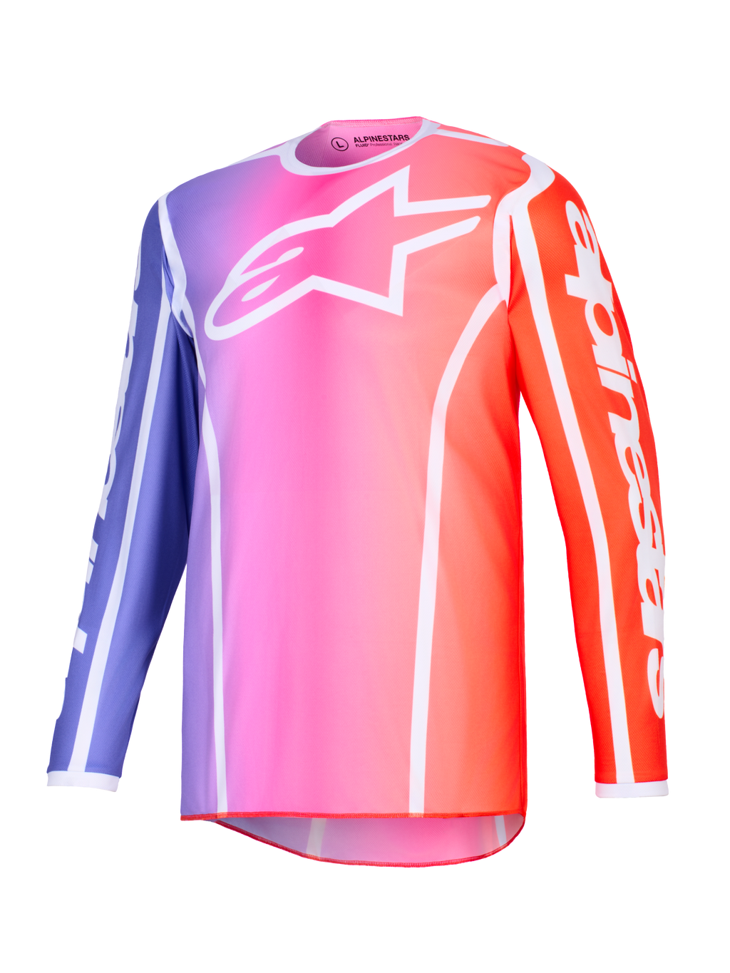 Alpinestars 2026 Fluid Apex trøje, motocross-trøje, lilla, lyserød og orange gradient med hvide detaljer, hvidt Astars-logo på brystet og branding på ærmerne, letvægts performance poly-fabric til off-road kørsel