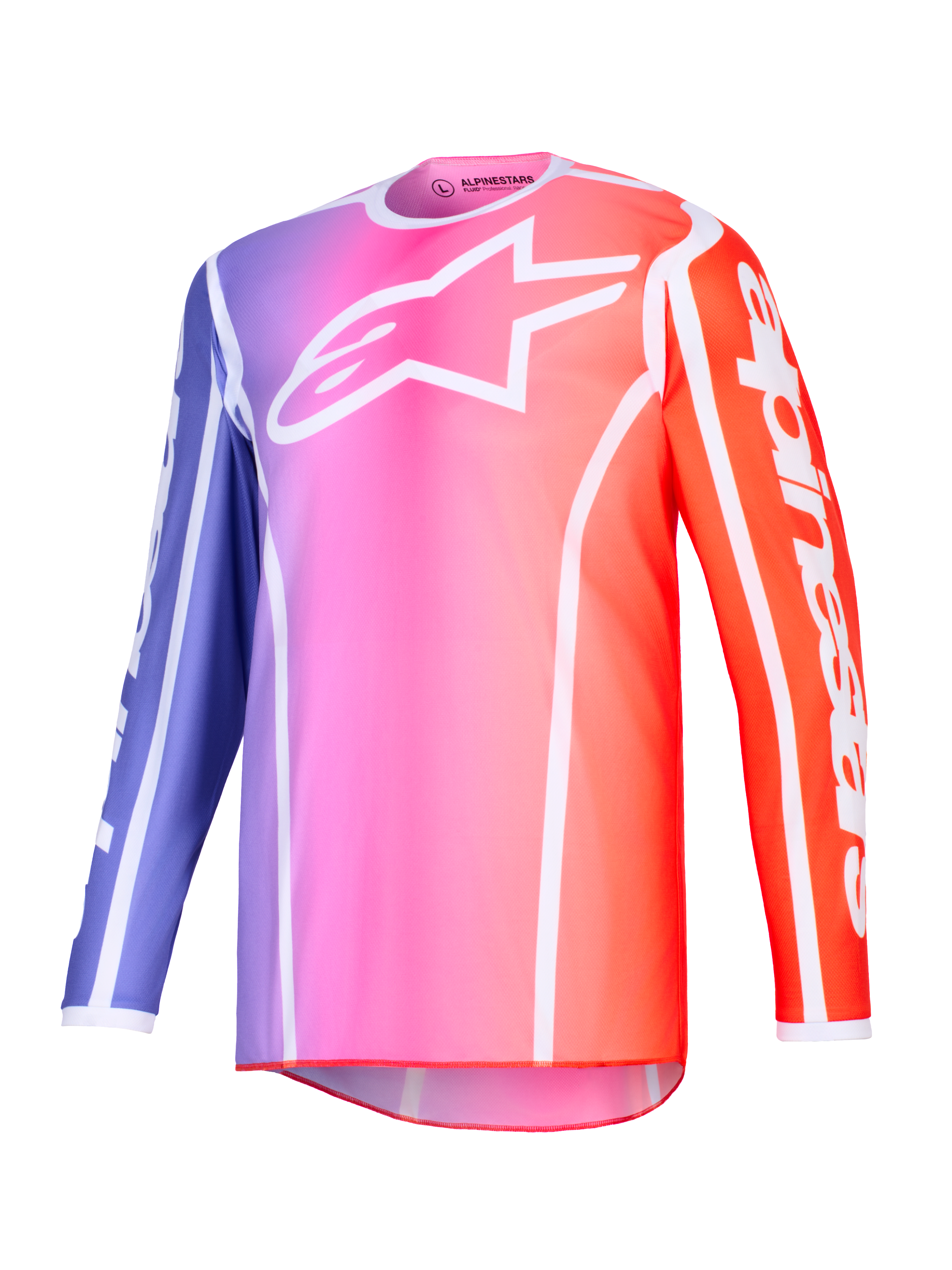 Alpinestars 2026 Fluid Apex trøje, motocross-trøje, lilla, lyserød og orange gradient med hvide detaljer, hvidt Astars-logo på brystet og branding på ærmerne, letvægts performance poly-fabric til off-road kørsel