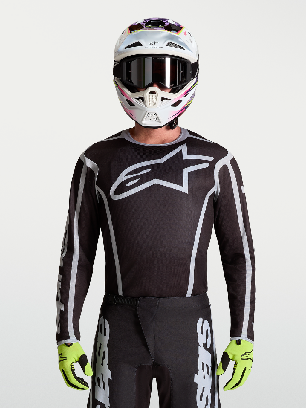 Alpinestars Fluid Apex V2 Trøje, herre-motocrosstrøje til off-road, sort og sølv, atletisk pasform med stort stjernelogo.