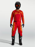 Alpinestars Fluid Apex V2 Jersey AND Fluid Apex V2 Gear Set, Men's Motocross Racing Apparel, Fire Red and Gold, moisture-wicking textile construction, shown on model with full riding kit.