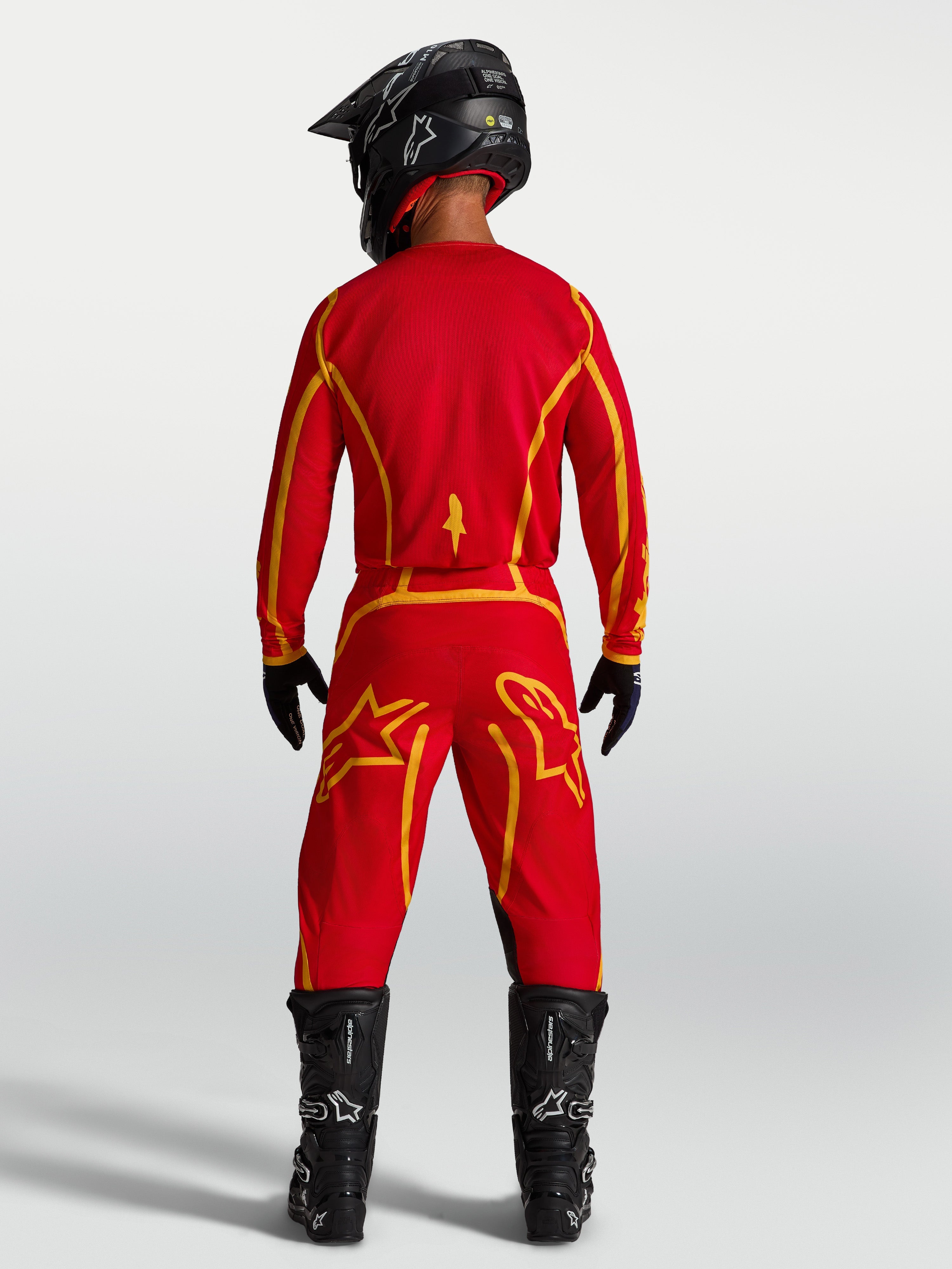 Alpinestars Fluid Apex V2 Jersey, Men's Motocross Jersey, Fire Red and Gold, lightweight moisture-wicking textile.