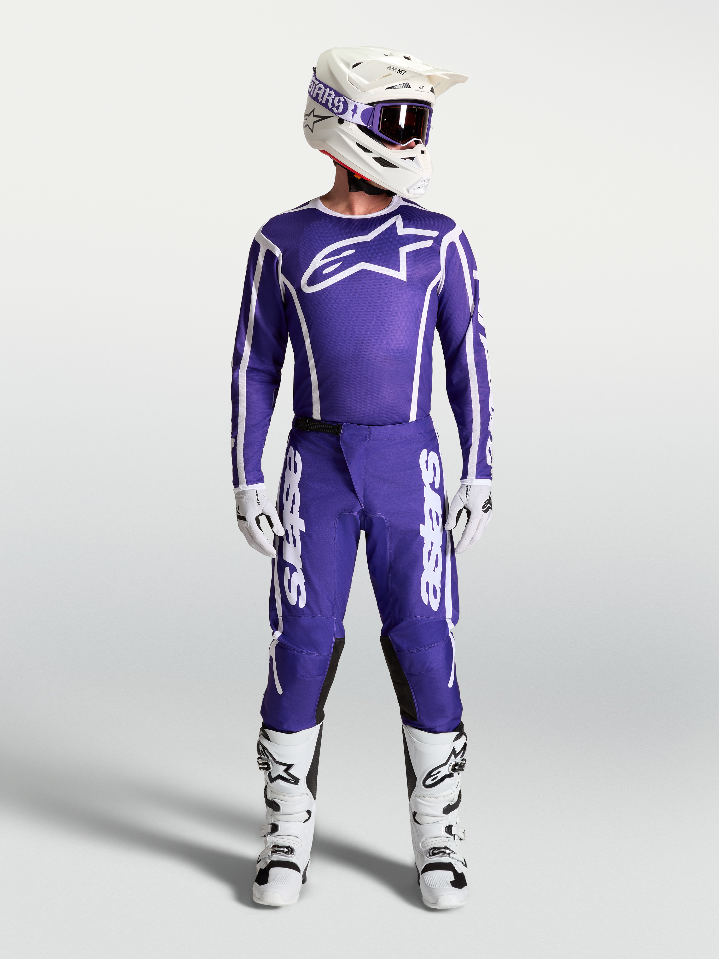 Alpinestars Fluid Apex V2 Jersey AND Gear Set, Deep Blue and White motocross apparel with helmet and boots.