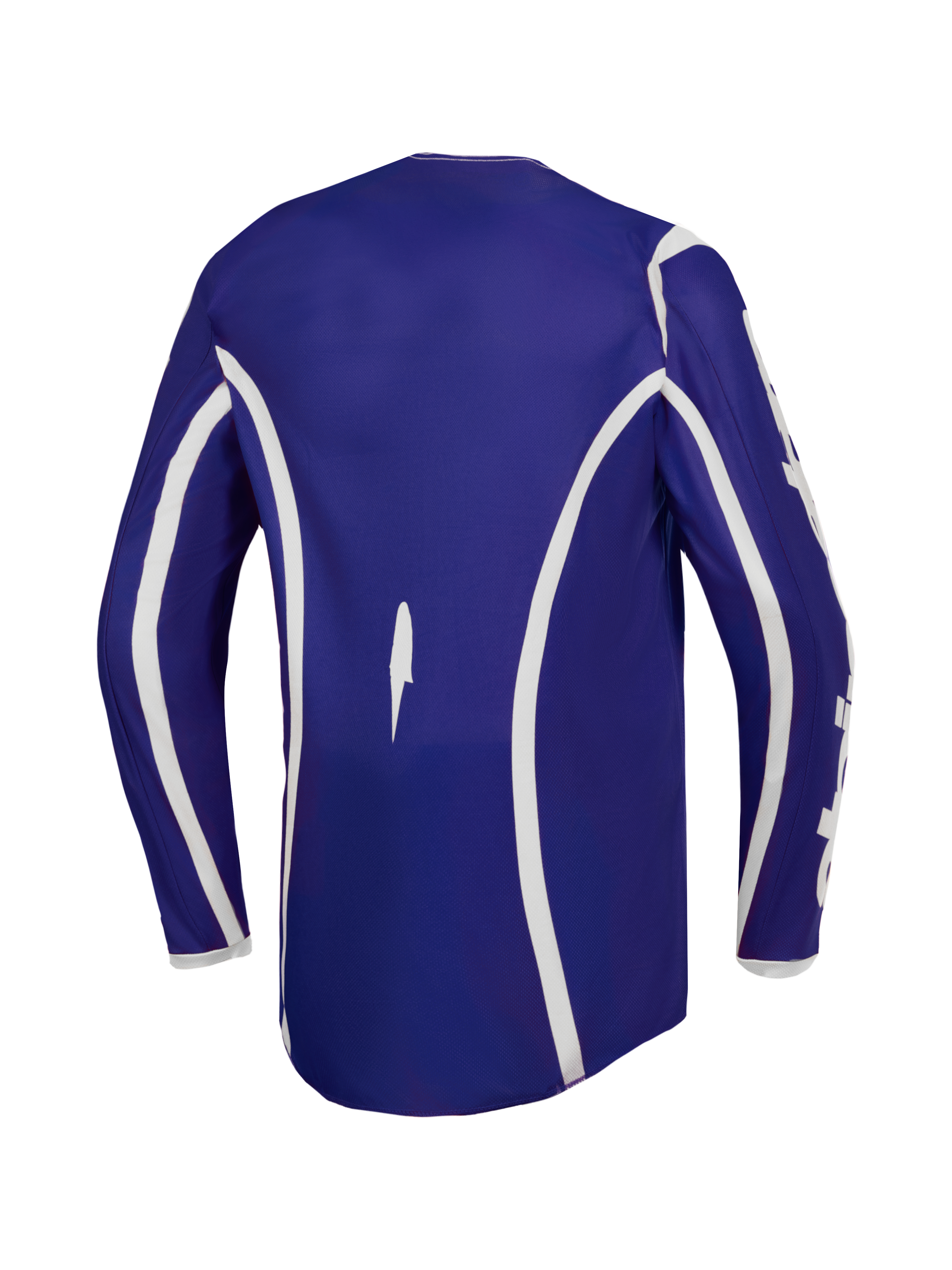 Alpinestars Fluid Apex V2 Men's Motocross Jersey in Deep Blue and White, featuring a dropped tail for rear coverage.