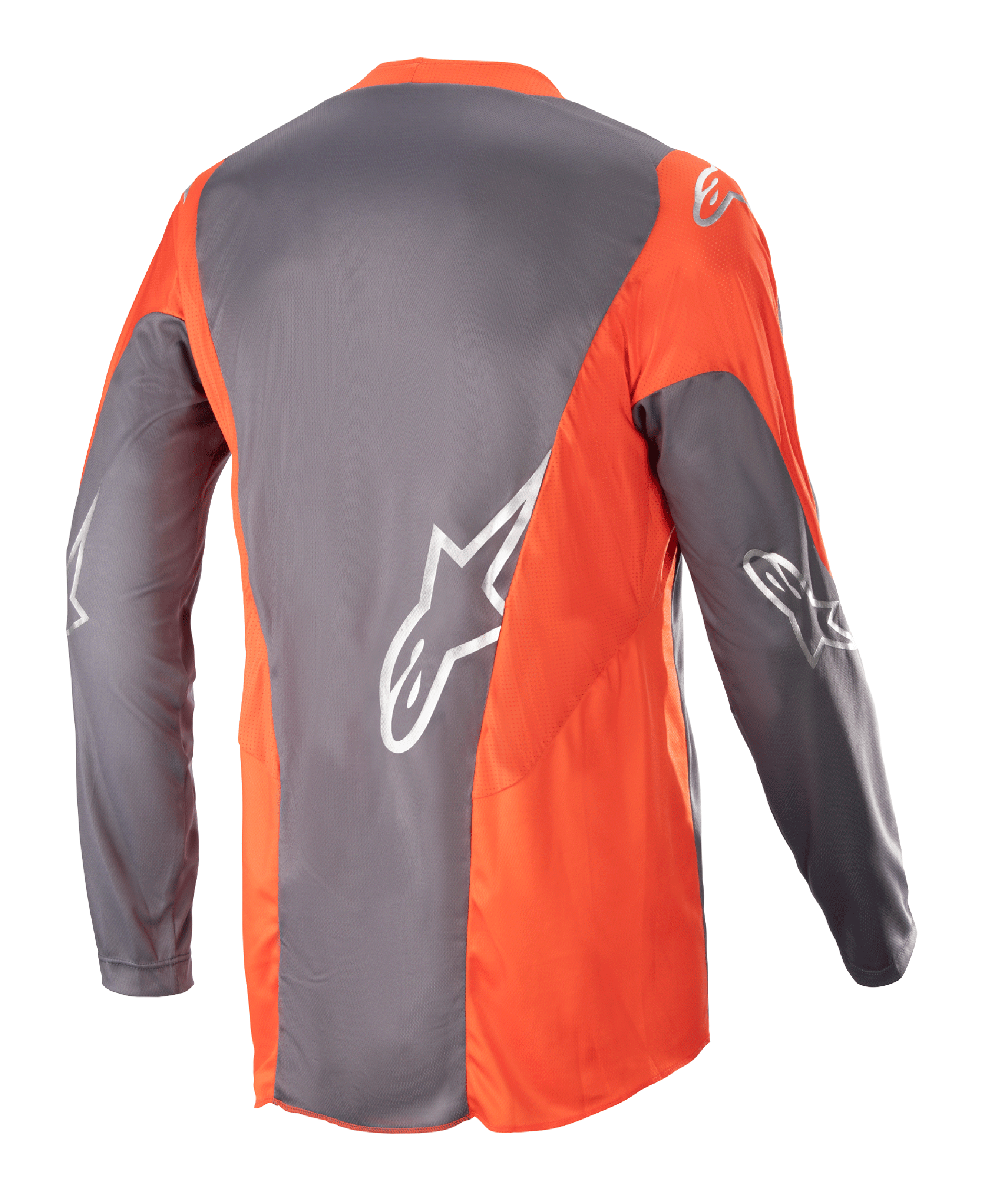 Alpinestars 2023 Racer Hoen Jersey, motocross-trøje, Magnet Hot Orange, set bagfra med grå og orange paneler og sølvfarvede Astars-logoer på ærmerne og ryggen, performance off-road-beklædning