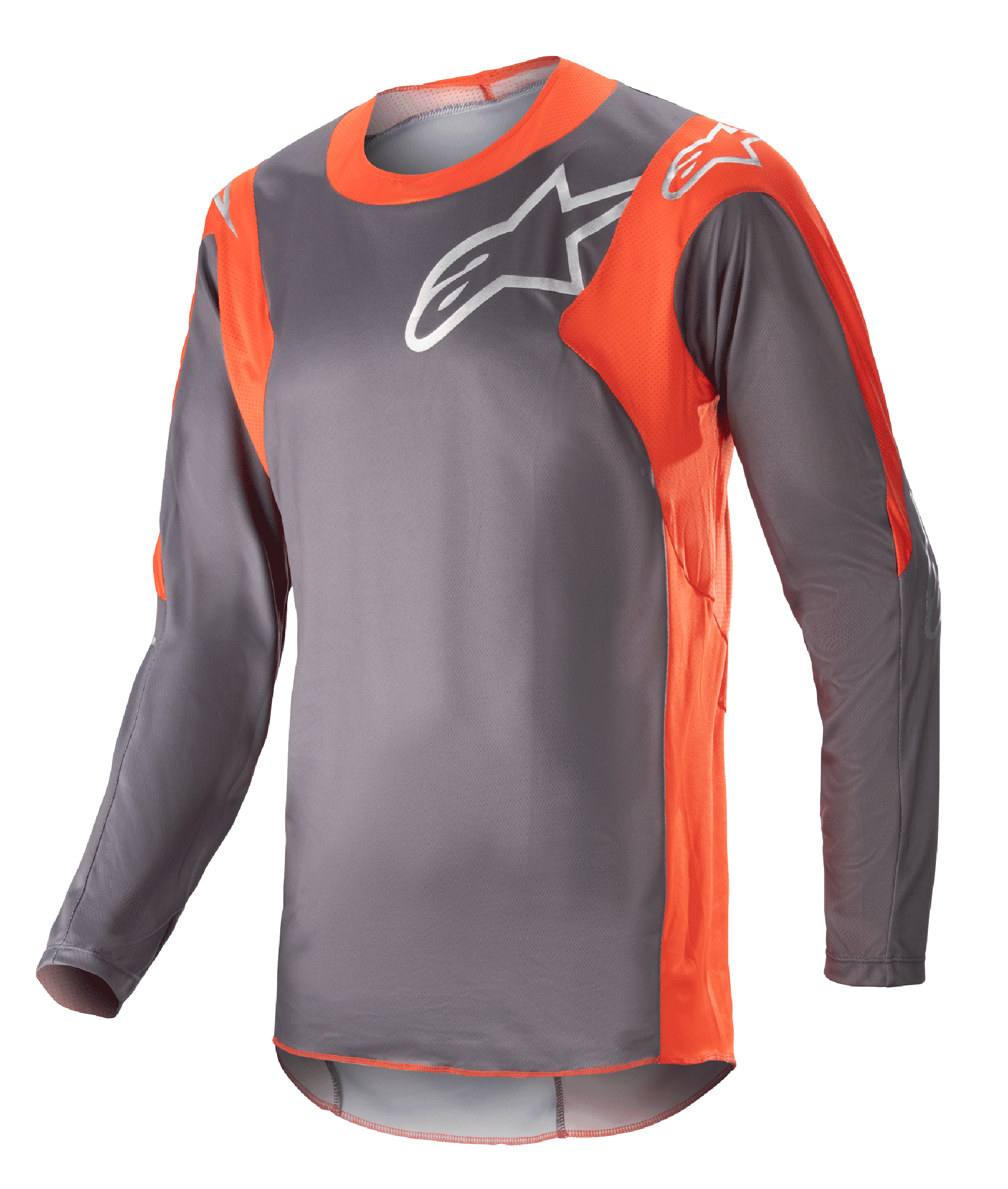 Alpinestars 2023 Racer Hoen Jersey, langærmet motocross-trøje, magnetgrå og hot orange, hvidt Alpinestars-logo på bryst og skuldre, letvægts performancemateriale til off-road racing