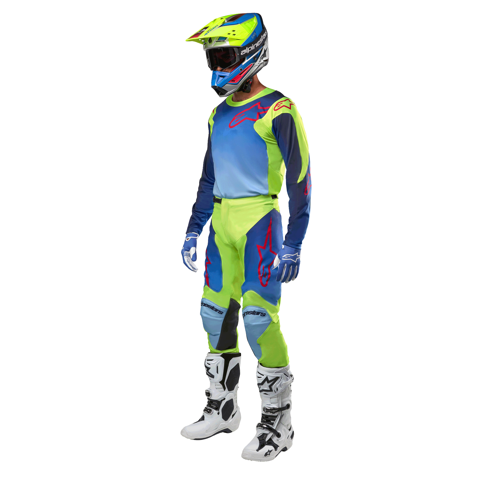 Alpinestars 2024 Racer Hoen trøje, motocross-trøje, gul fluo og mørkeblå, båret af en kører med matchende bukser, hjelm og hvide støvler, professionelt racerudstyr til terrænkørsel