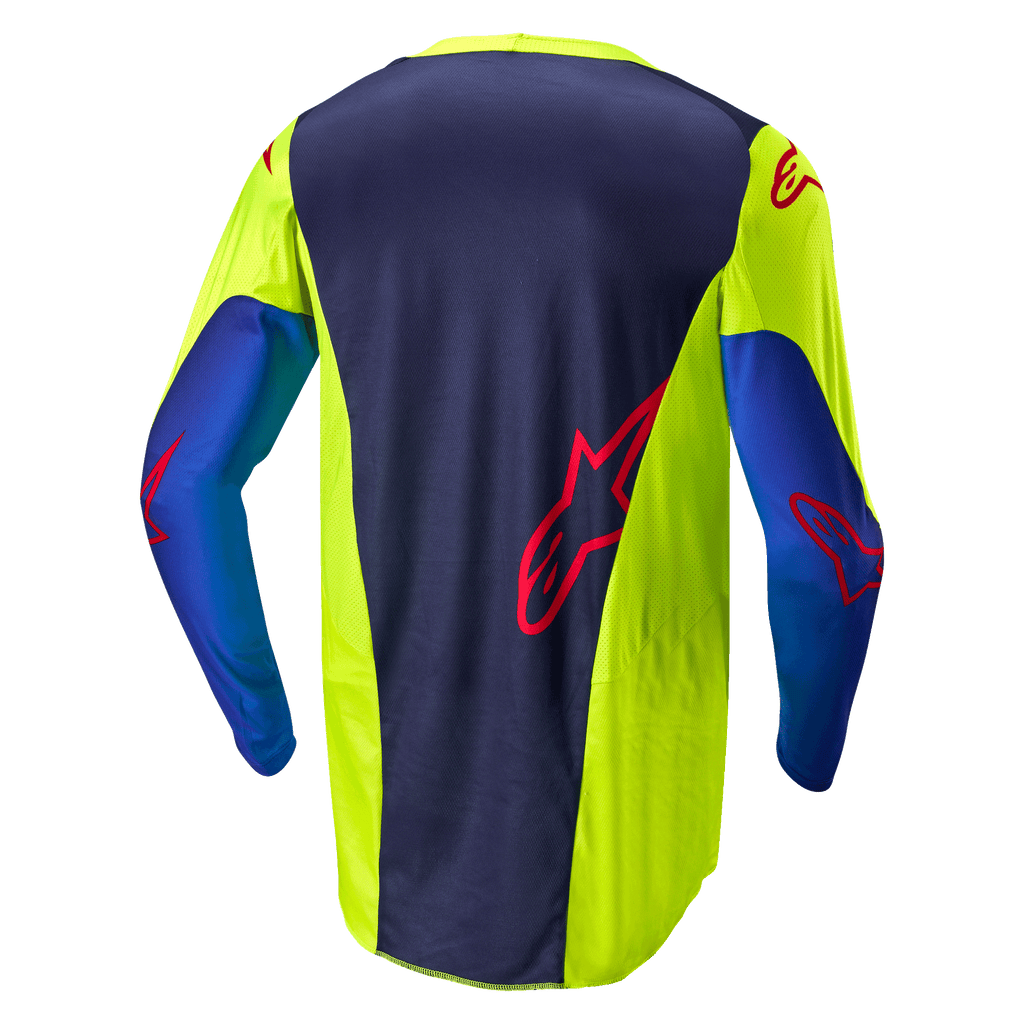 Alpinestars 2024 Racer Hoen jersey, motocross-trøje, gul fluo og Blue Night Navy, set bagfra viser mørkeblåt midterpanel med rødt logo, klare gule sidestykker, lange ærmer og åndbart mesh-stof designet til off-road præstation.