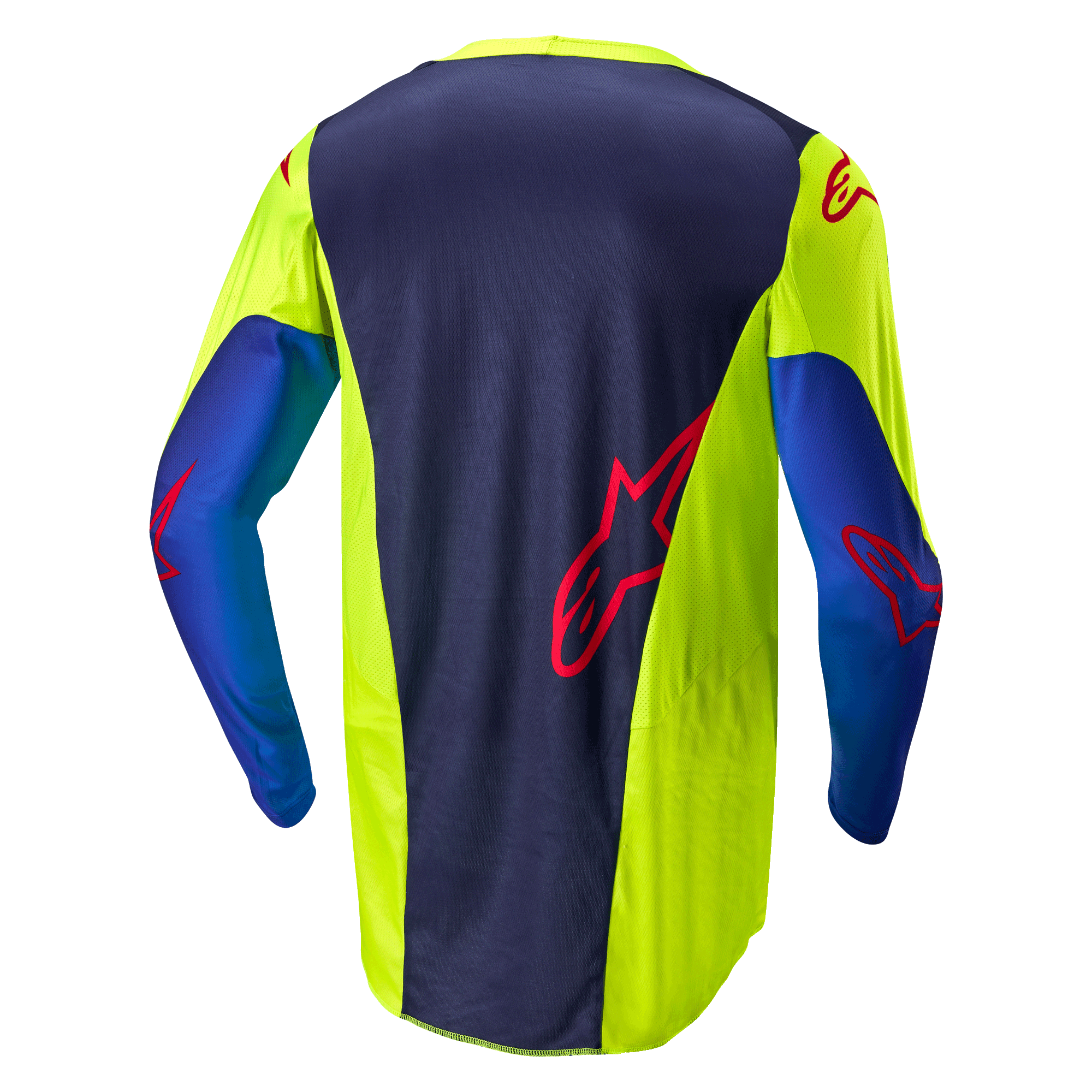 Alpinestars 2024 Racer Hoen jersey, motocross-trøje, gul fluo og Blue Night Navy, set bagfra viser mørkeblåt midterpanel med rødt logo, klare gule sidestykker, lange ærmer og åndbart mesh-stof designet til off-road præstation.