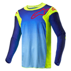 Alpinestars 2024 Racer Hoen trøje, motocross trøje, fluorescerende gul og mørkeblå, med blå gradient på overkroppen og fluorescerende gule paneler, rødt Alpinestars-logo på brystet og skuldrene, langærmet teknisk off-road udstyr.