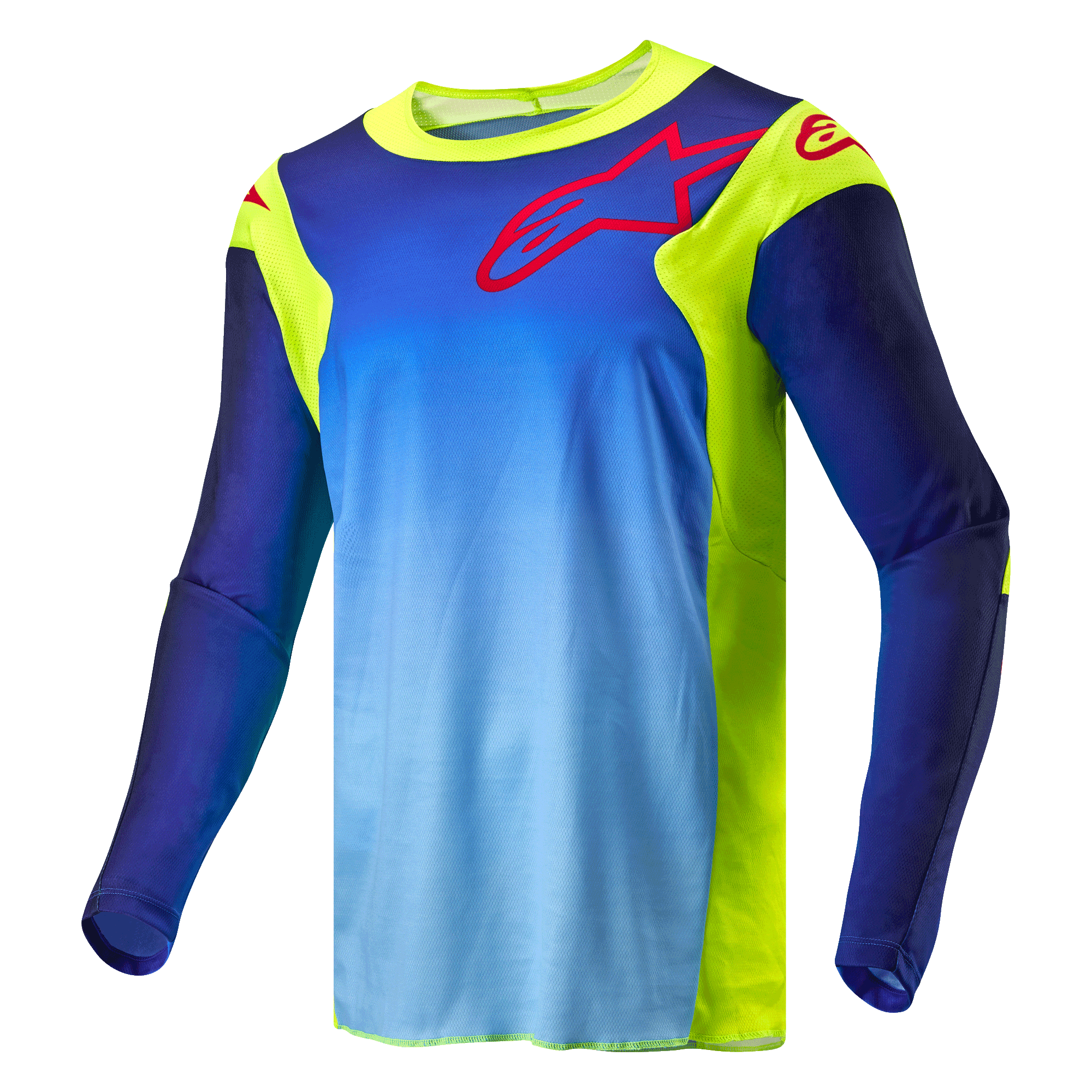 Alpinestars 2024 Racer Hoen trøje, motocross trøje, fluorescerende gul og mørkeblå, med blå gradient på overkroppen og fluorescerende gule paneler, rødt Alpinestars-logo på brystet og skuldrene, langærmet teknisk off-road udstyr.