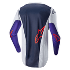 Alpinestars 2024 Racer Hoen trøje, motocross-trøje, set bagfra, marineblå og lysegrå med lilla ærmer, orange Alpinestars-logoer, teknisk mesh-stof til off-road kørsel