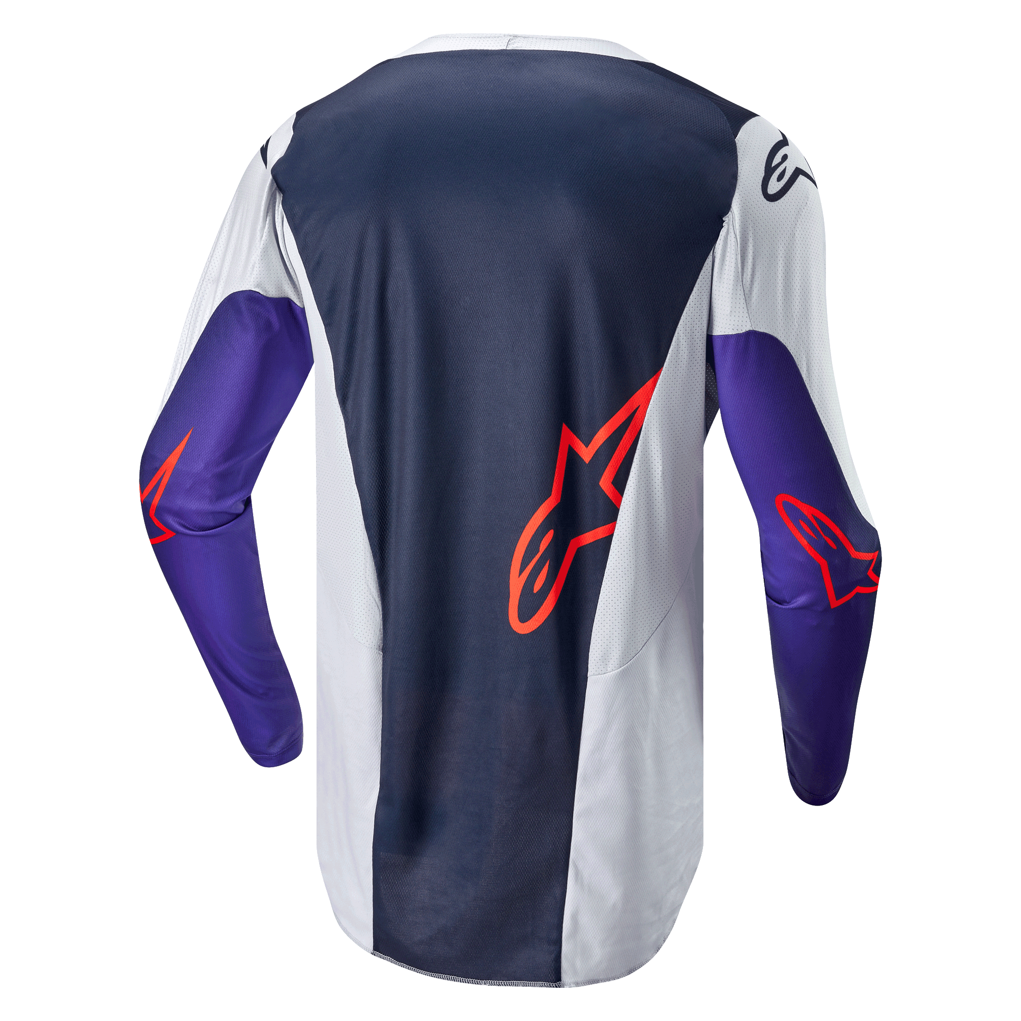 Alpinestars 2024 Racer Hoen trøje, motocross-trøje, set bagfra, marineblå og lysegrå med lilla ærmer, orange Alpinestars-logoer, teknisk mesh-stof til off-road kørsel