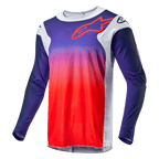 Alpinestars 2024 Racer Hoen Jersey, motocross-trøje, mørkeblå til orange gradient med lysegrå sidepaneler, rødt Alpinestars-logo-omrids på brystet, teknisk langærmet beklædning til off-road kørsel