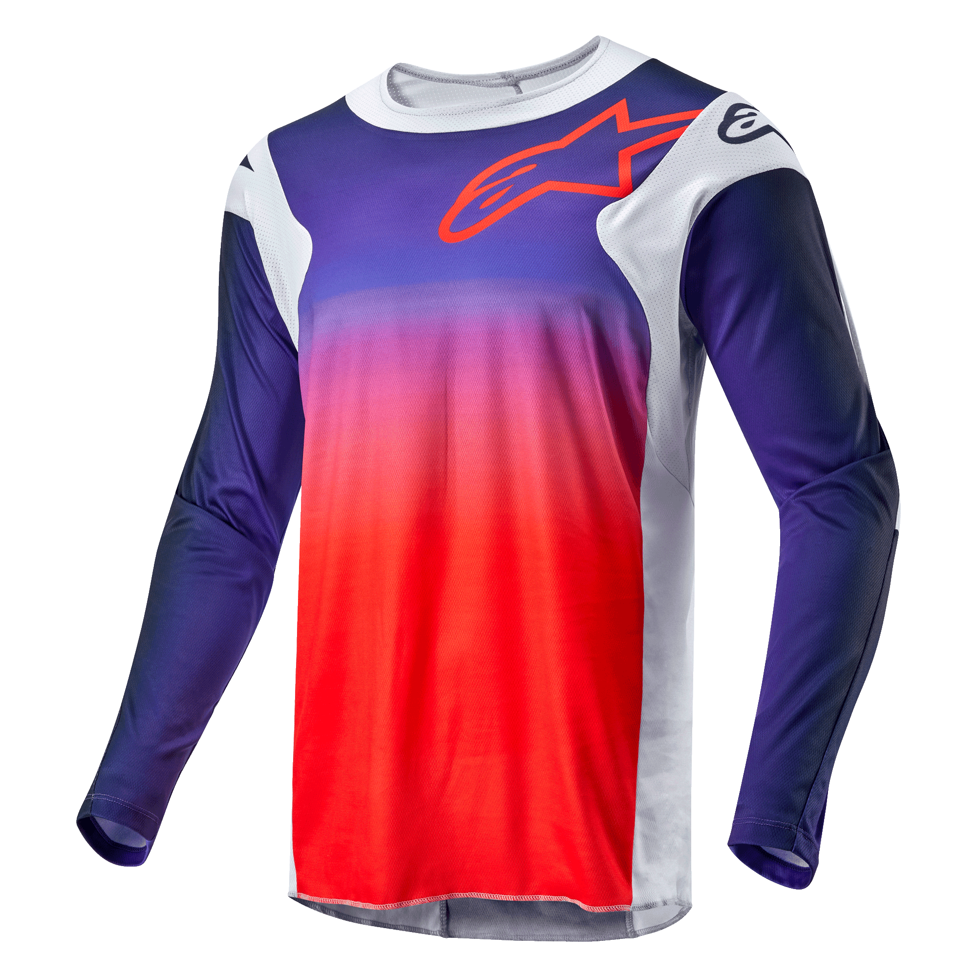 Alpinestars 2024 Racer Hoen Jersey, motocross-trøje, mørkeblå til orange gradient med lysegrå sidepaneler, rødt Alpinestars-logo-omrids på brystet, teknisk langærmet beklædning til off-road kørsel