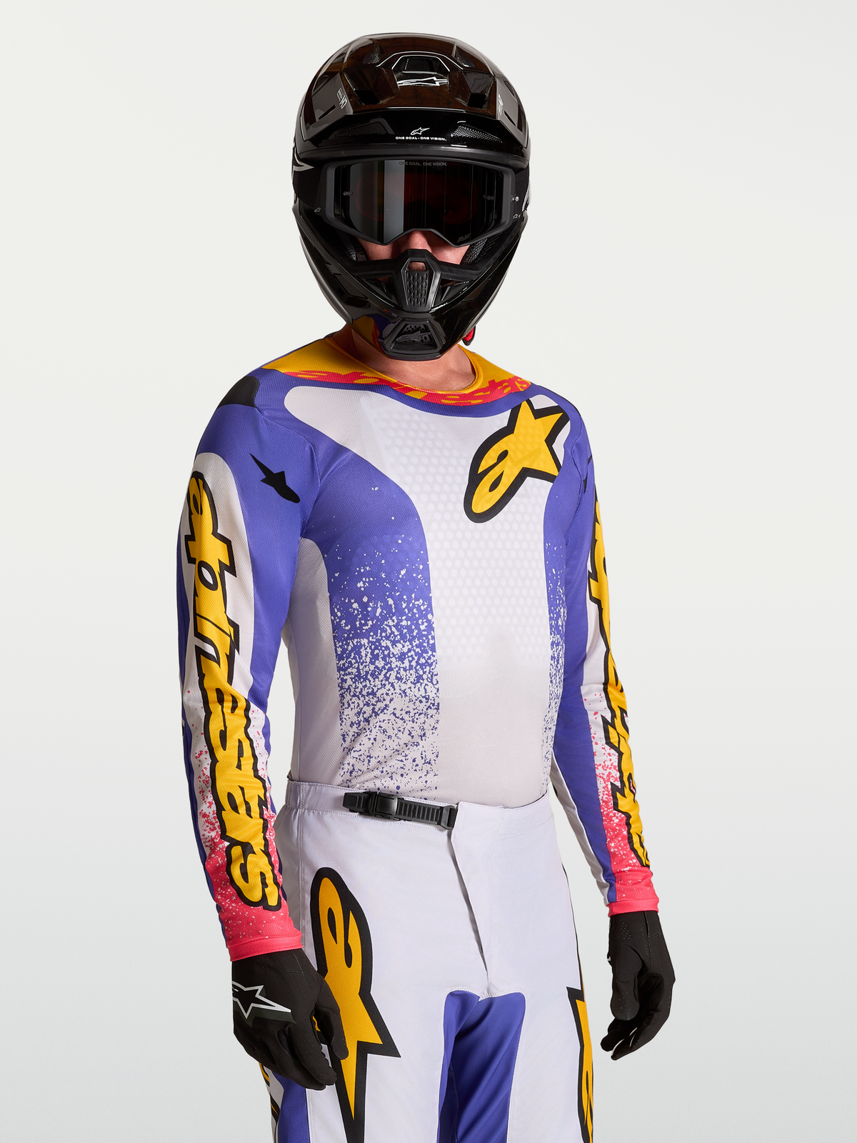 Alpinestars Fluid Drag Jersey, blue and yellow men's motocross jersey with moisture-wicking fabric for off-road performance.