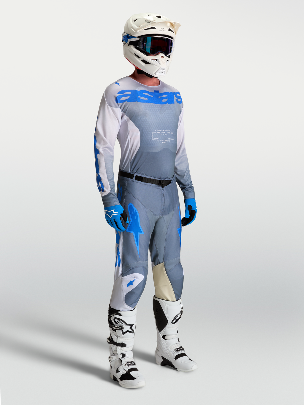 Alpinestars Racer Amber gearsæt og bukser, motocrossudstyr til herrer i askegrå og blå med performance-pasform til off-road.