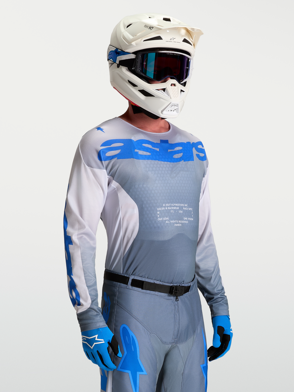 Alpinestars Racer Amber trøje, herre motocrosstrøje i grå og blå, letvægts fugttransporterende poly-materiale med strækmesh-paneler til off-road kørsel.