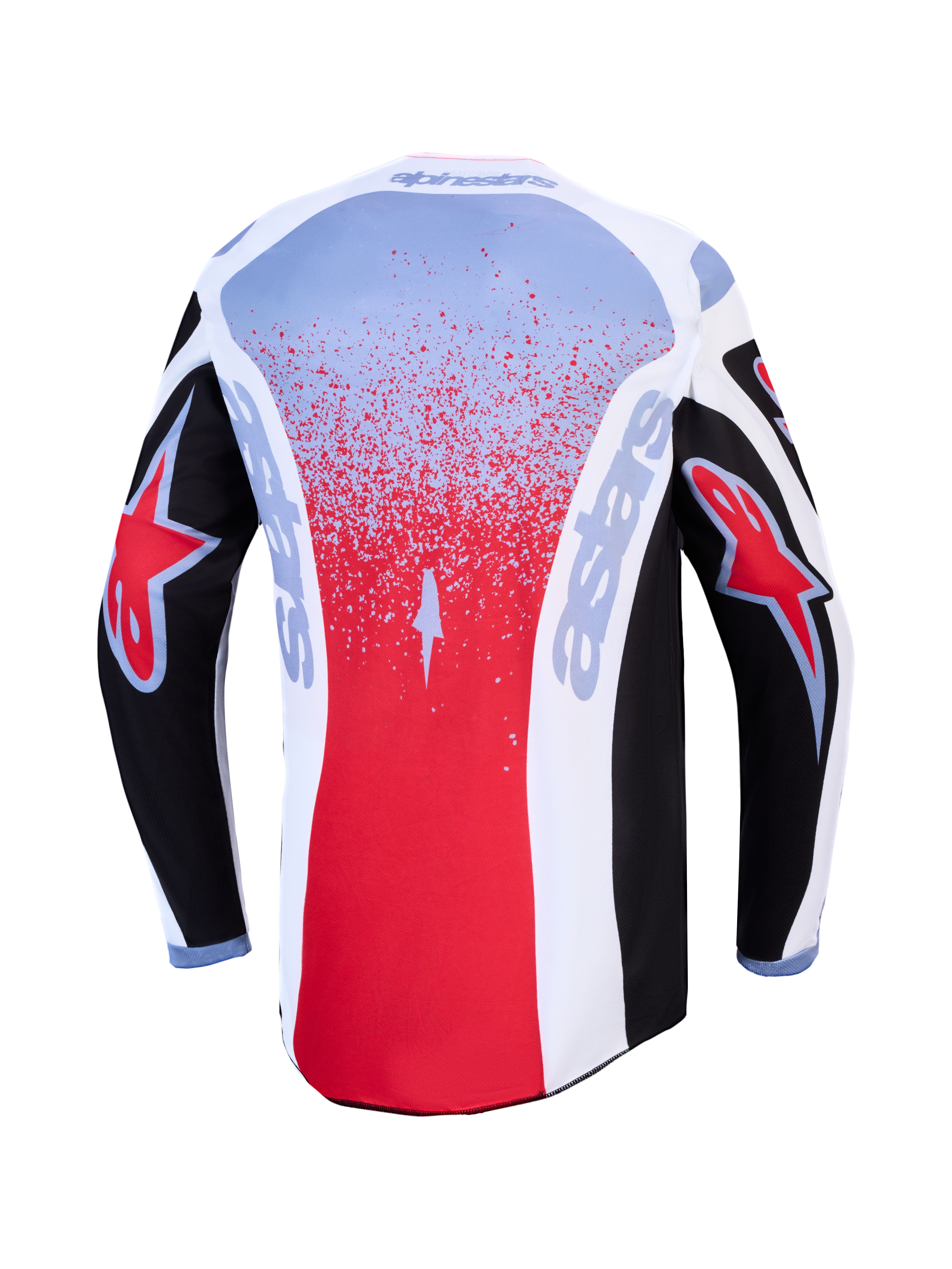 Alpinestars Fluid Drag trøje, herre-motorcrosstrøje, sort, rød og hvid, åndbart tekstil med forlænget rygstykke, set bagfra.