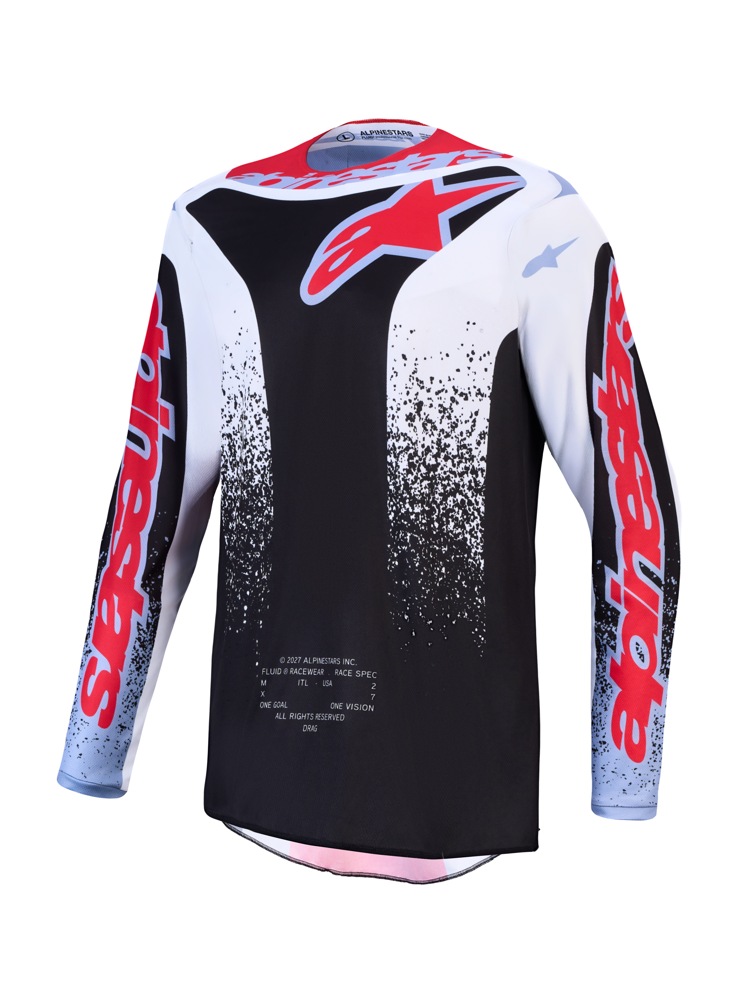 Alpinestars 2027 Fluid Drag trøje, herre-motocrosstrøje, sort og hvid med rød grafik, fugttransporterende tekstil