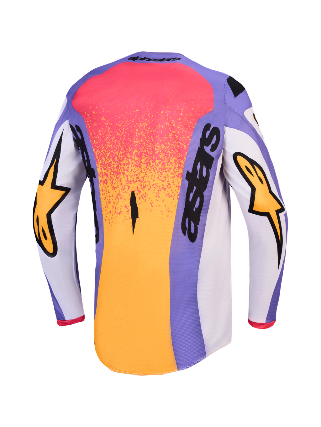 Alpinestars Fluid Drag trøje, motocrosstrøje til herrer, lys lilla og guld, set bagfra med forlænget bagstykke