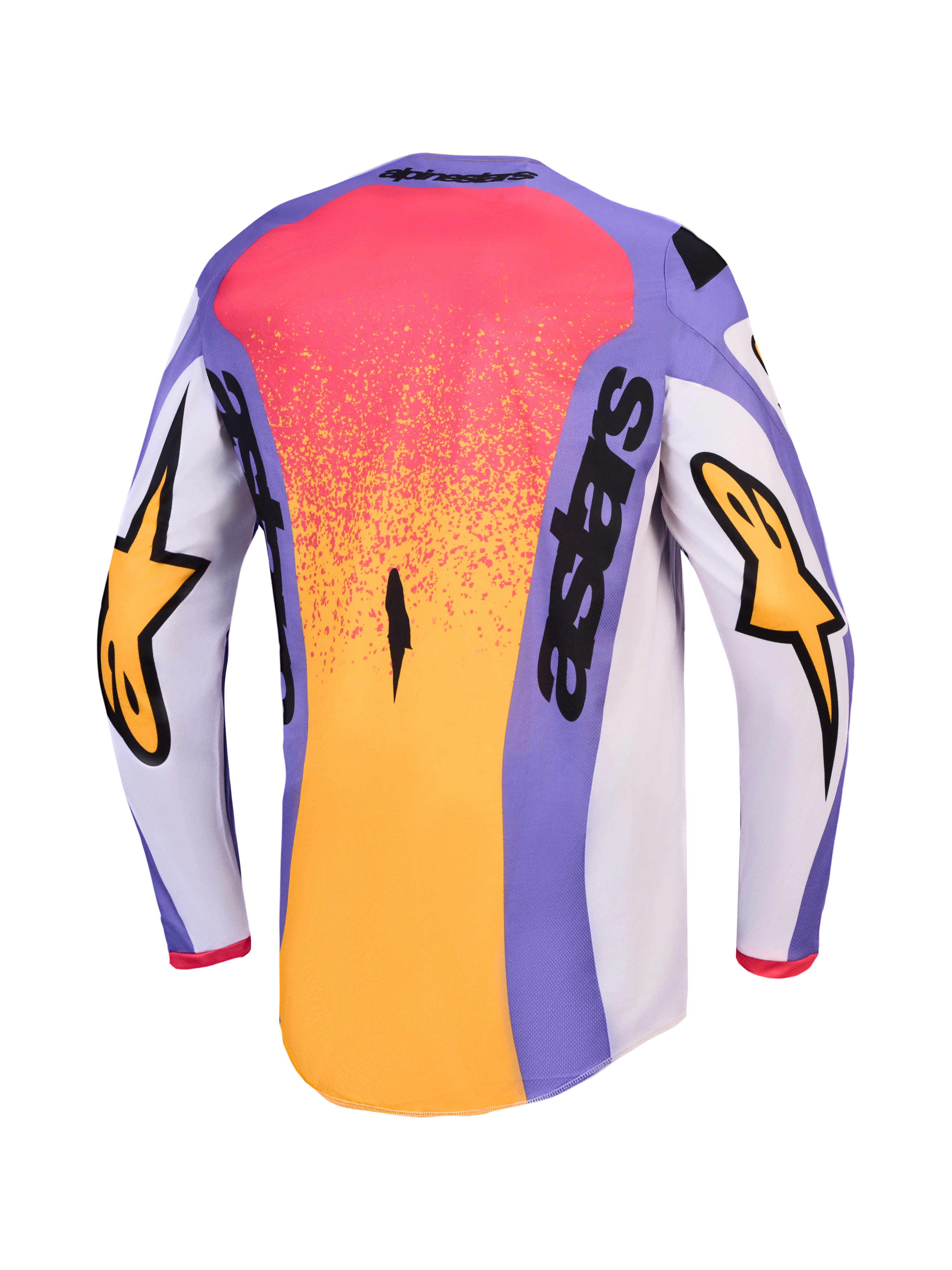 Alpinestars Fluid Drag trøje, motocrosstrøje til herrer, lys lilla og guld, set bagfra med forlænget bagstykke