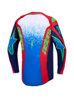 Alpinestars Fluid Drag trøje, motocrosstrøje til herrer, blå og rød med grøn grafik, set bagfra.