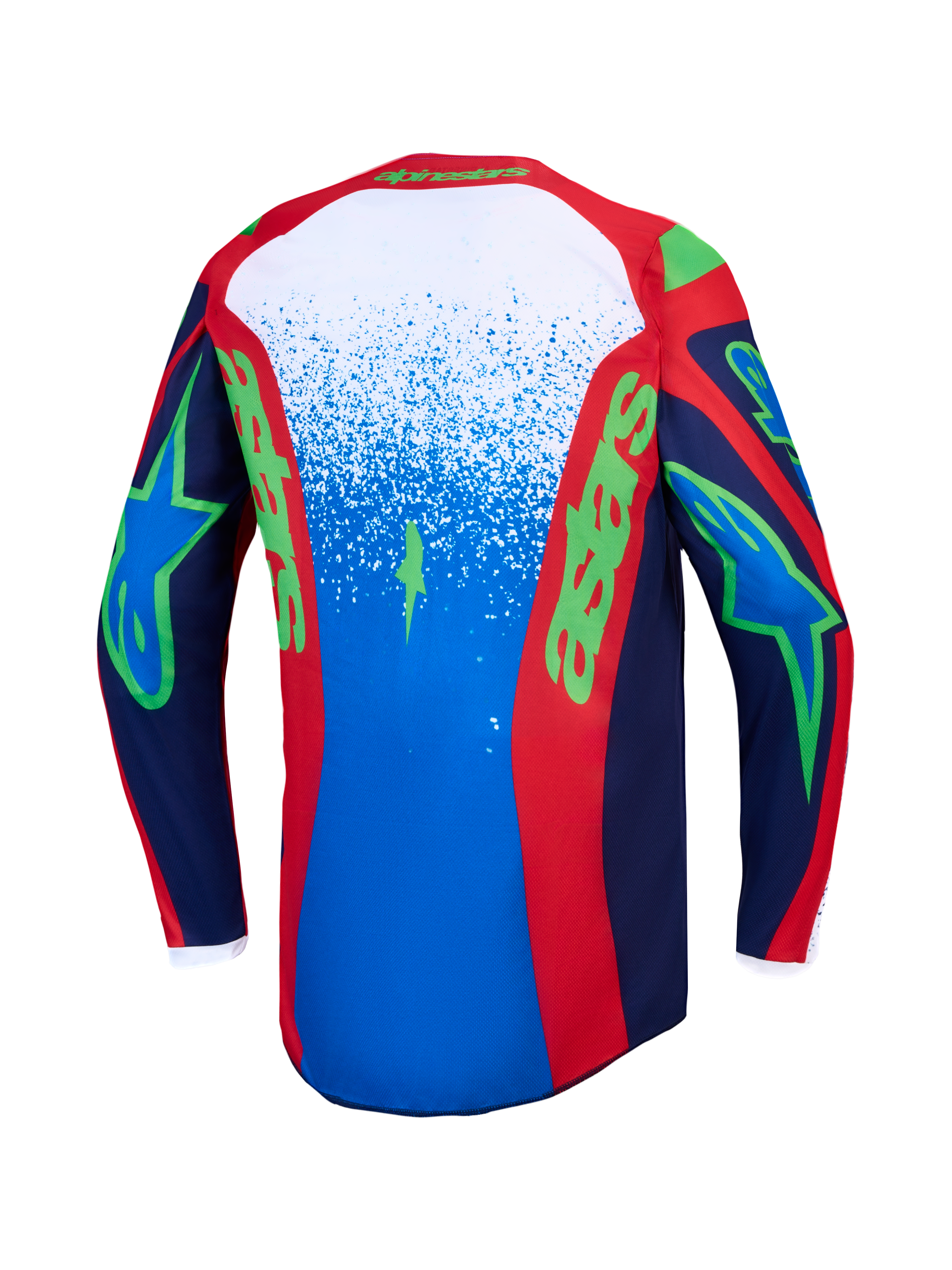 Alpinestars Fluid Drag trøje, motocrosstrøje til herrer, blå og rød med grøn grafik, set bagfra.
