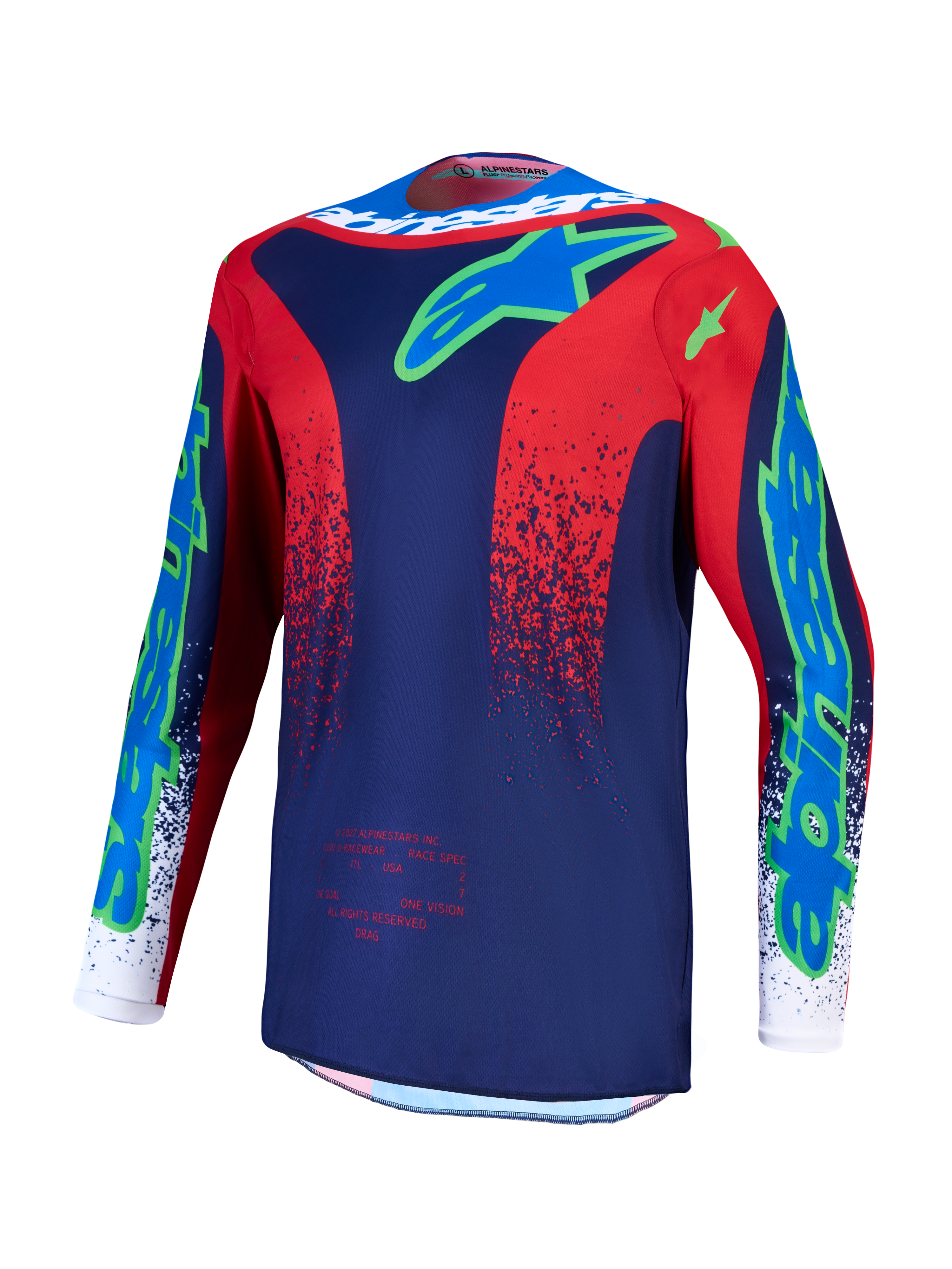 Alpinestars Fluid Drag trøje, herre-motocrosstrøje i mørkeblå og rød, åndbart og fugttransporterende polystof.