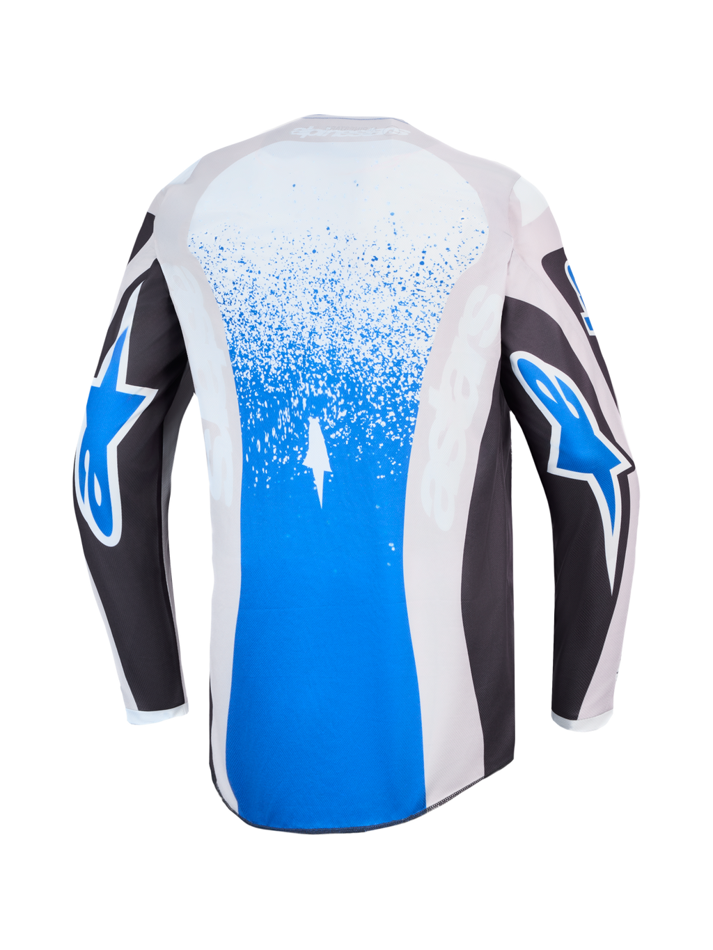 Alpinestars Fluid Drag trøje, blå og grå motocrosstrøje til herrer, set bagfra med splattergrafik og hvide stjernelogoer, let og åndbart materiale til off-road kørsel.