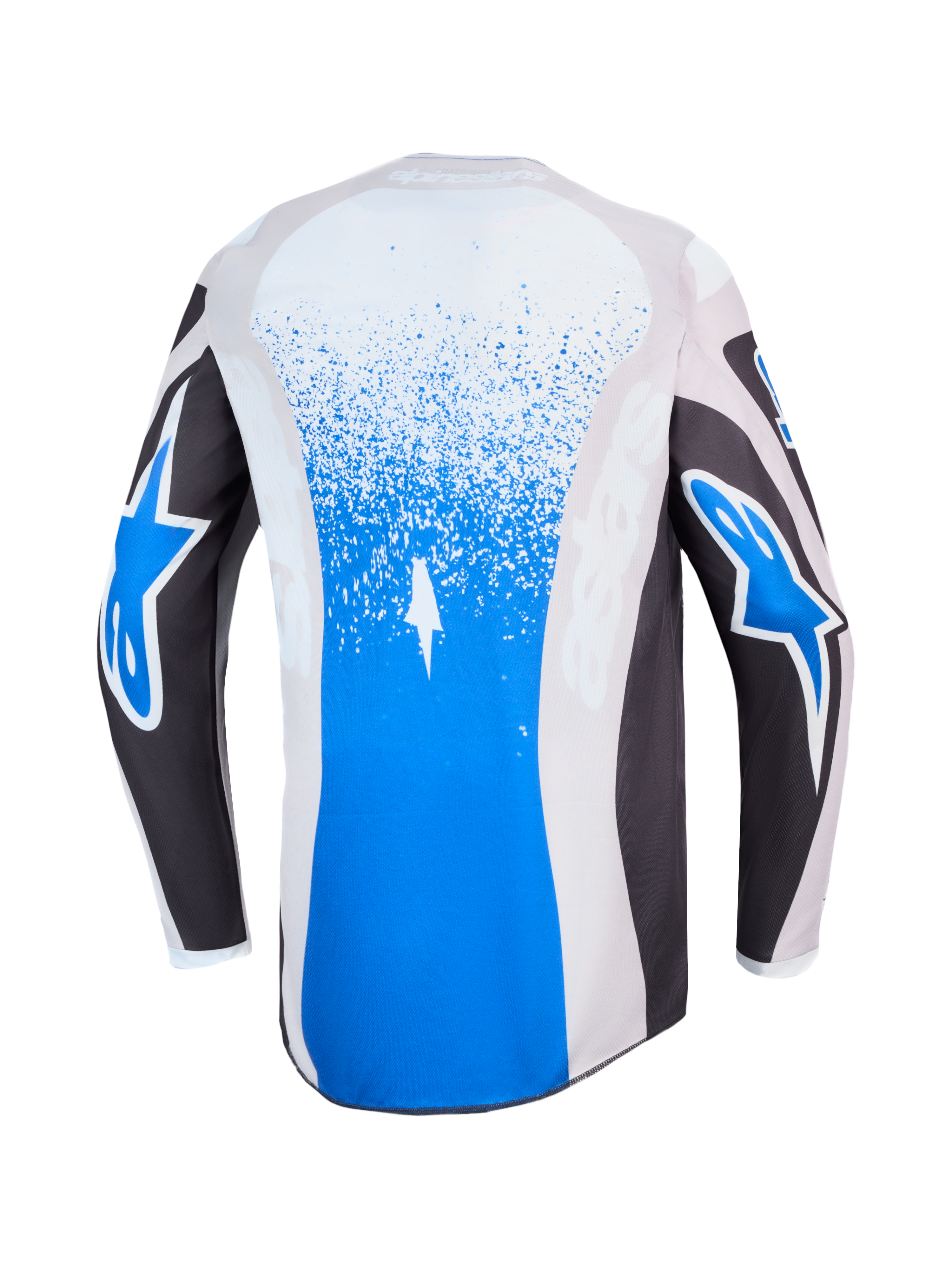 Alpinestars Fluid Drag trøje, blå og grå motocrosstrøje til herrer, set bagfra med splattergrafik og hvide stjernelogoer, let og åndbart materiale til off-road kørsel.