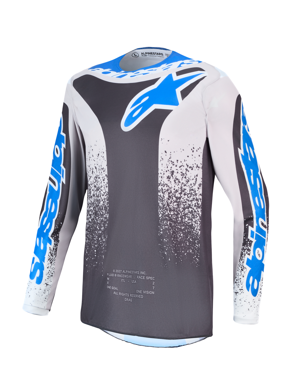 Alpinestars Fluid Drag trøje, herre-motocrosstrøje i grå og blå, fugttransporterende poly-stof.