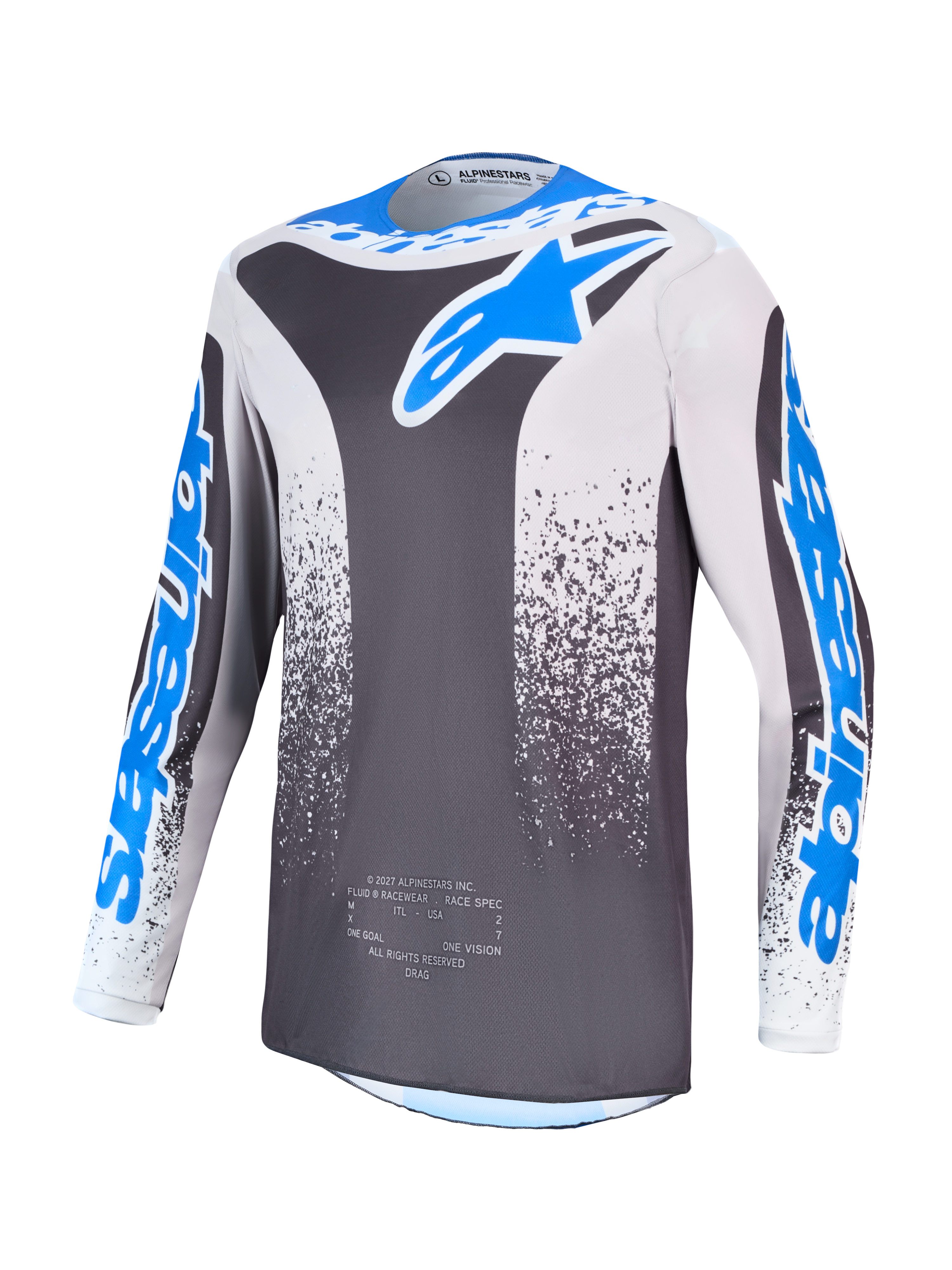 Alpinestars Fluid Drag trøje, herre-motocrosstrøje i grå og blå, fugttransporterende poly-stof.